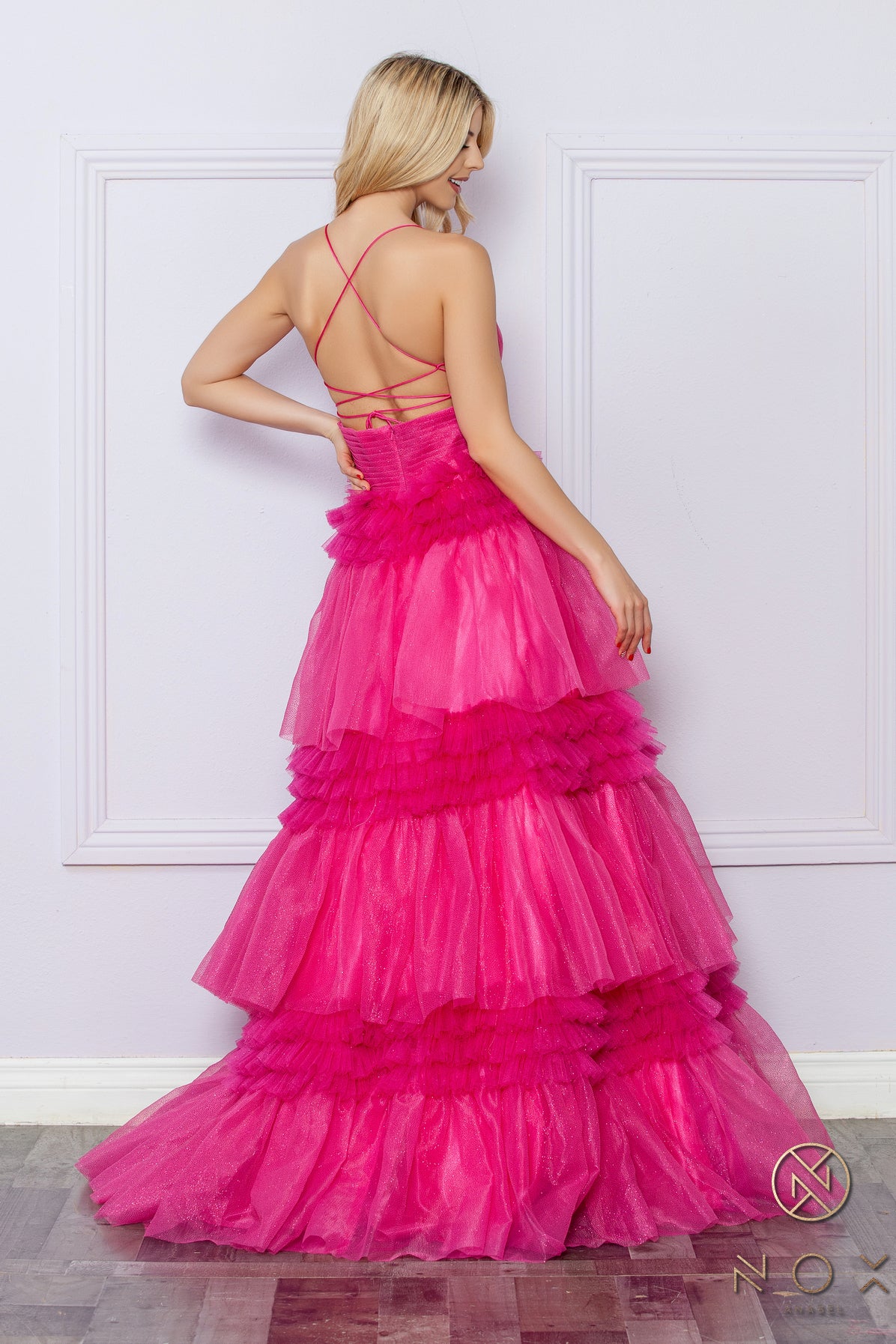 Nox Anabel R1316 A Line Pleated Shimmer Ballgown Prom Dress Layered Tulle Ruffle Corset Formal Gown