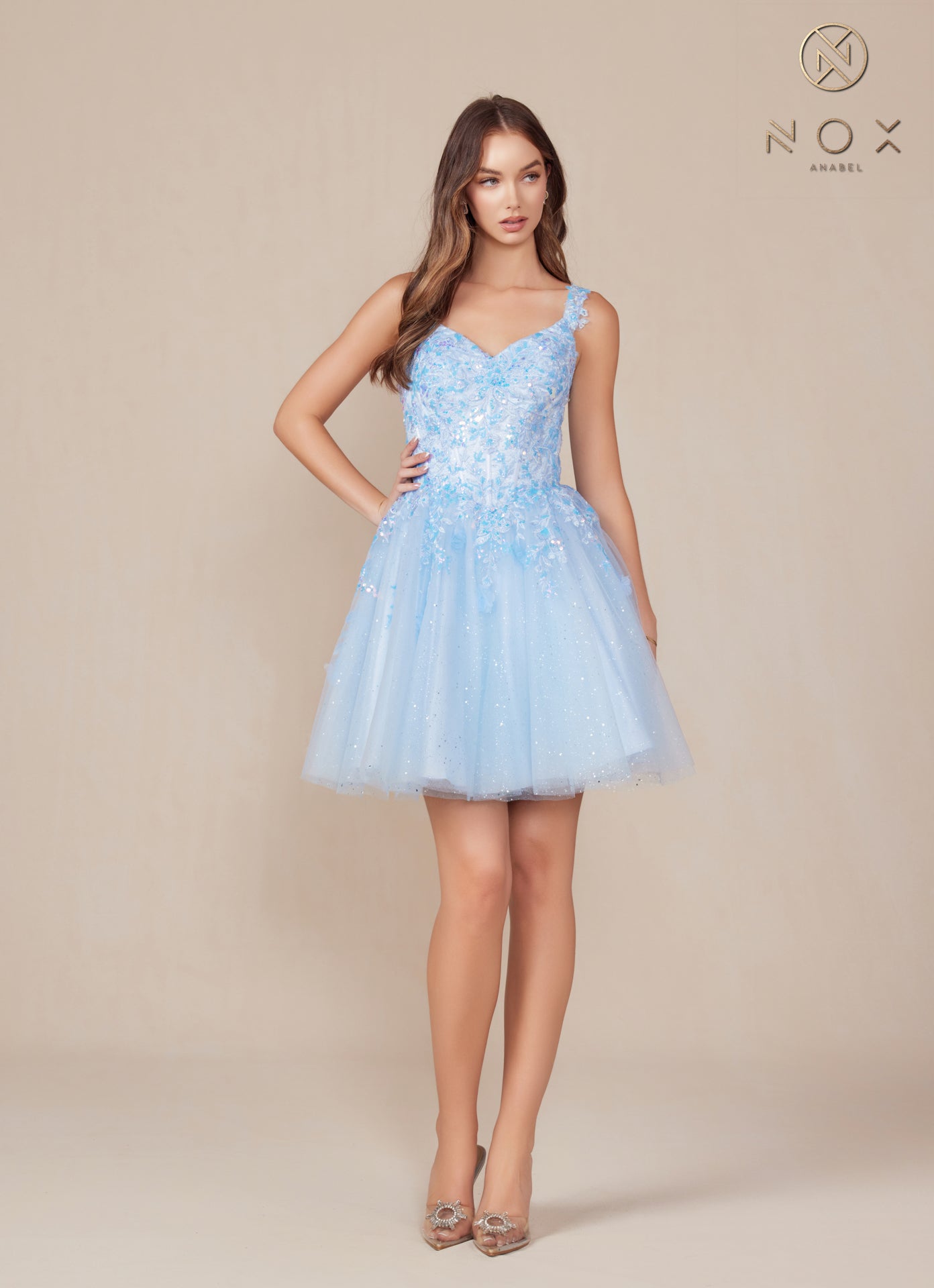 Nox Anabel H846 Short Shimmer Lace Homecoming Dress Sequin Corset Cocktail Gown