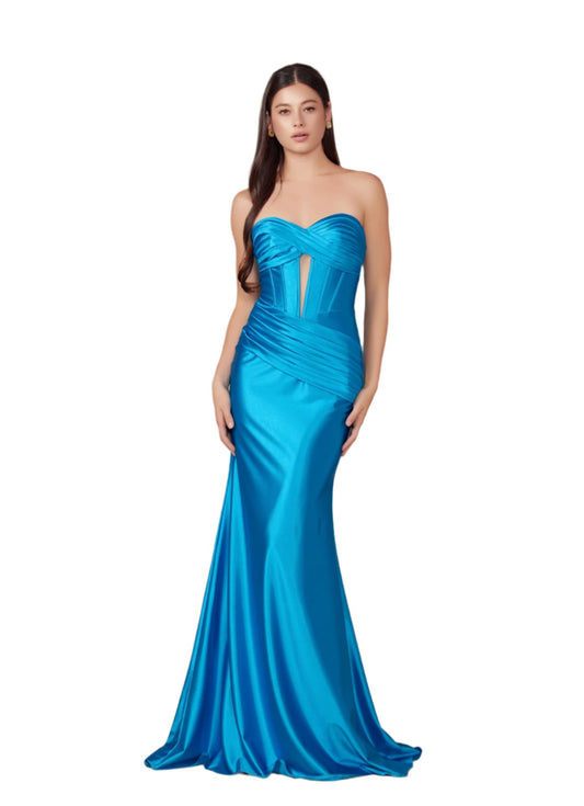 Shine bright at prom in the Nox Anabel T1500 Long Formal Corset Dress. With a cut out bodice and strapless sweetheart neckline, this gown is perfect for a fun and flirty evening. The corset bodice and ruched detailing add a touch of elegance, making you the star of the night.