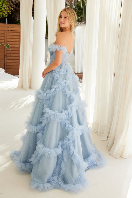 Nox Anabel Y1472 Sheer Corset Tulle Ballgown Prom Dress off the Shoulder Pleated Ruffle