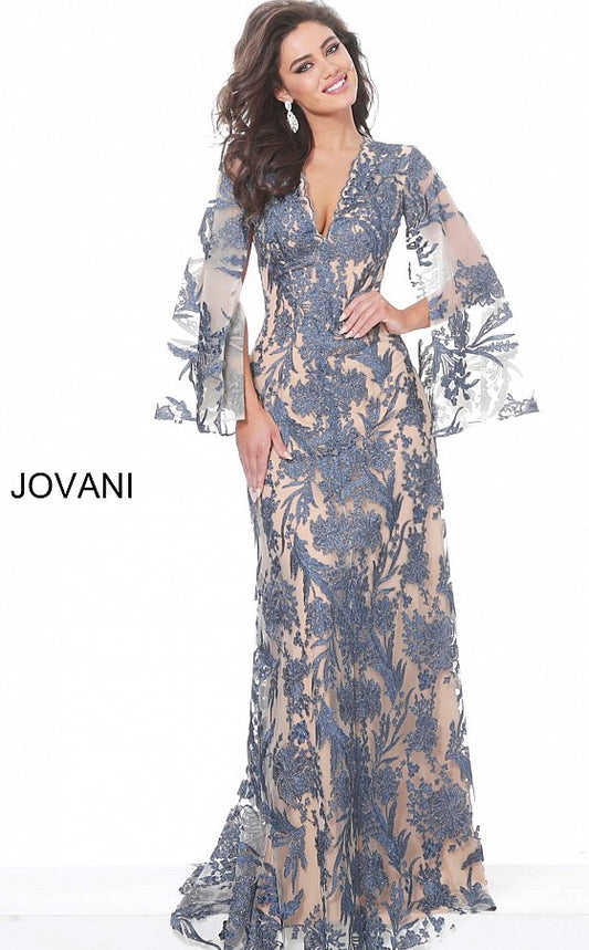 Jovani 00752 Long Navy Lace Formal Evening Dress Long Drape