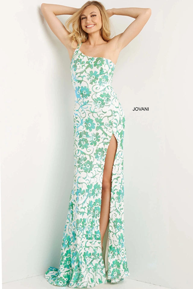 Jovani 08256 Long One Shoulder Sequin Floral Design Prom Pageant Gown. Jovani 08256 one-shoulder sequin prom dress is perfect for those who want to make a statement on their big night. The dress features a fitted silhouette that hugs the body in all the right places. The sequin fabric adds a touch of sparkle and shine, ensuring you'll turn heads as soon as you enter the room. The one-shoulder design adds a touch of elegance to the overall look, making it perfect for a prom or any formal event!