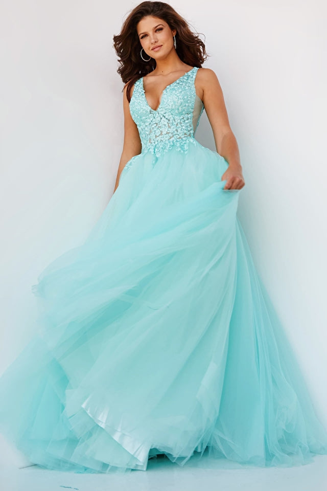 Jovani 08572 Tulle Ballgown, Floor length Full Skirt, Fitted Floral Embroidered Bodice Prom Ballgown. The Jovani 08572 Tulle Ballgown is a breathtaking ensemble featuring a floor-length full skirt and fitted floral embroidered bodice. Its red-carpet-ready design is perfect for prom, pageants, and more.   