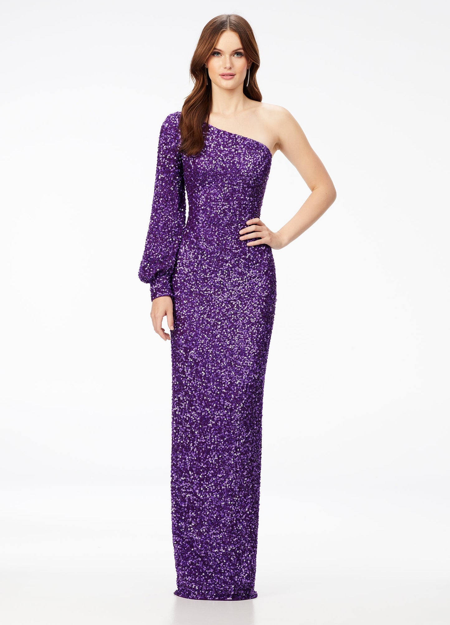 Ashley Lauren 11194  This gorgeous sequin gown features a one shoulder neckline dress features a bishop sleeve and a fitted column skirt with back vent.  Available colors:  Neon Pink, Peacock, Purple, Emerald, Black