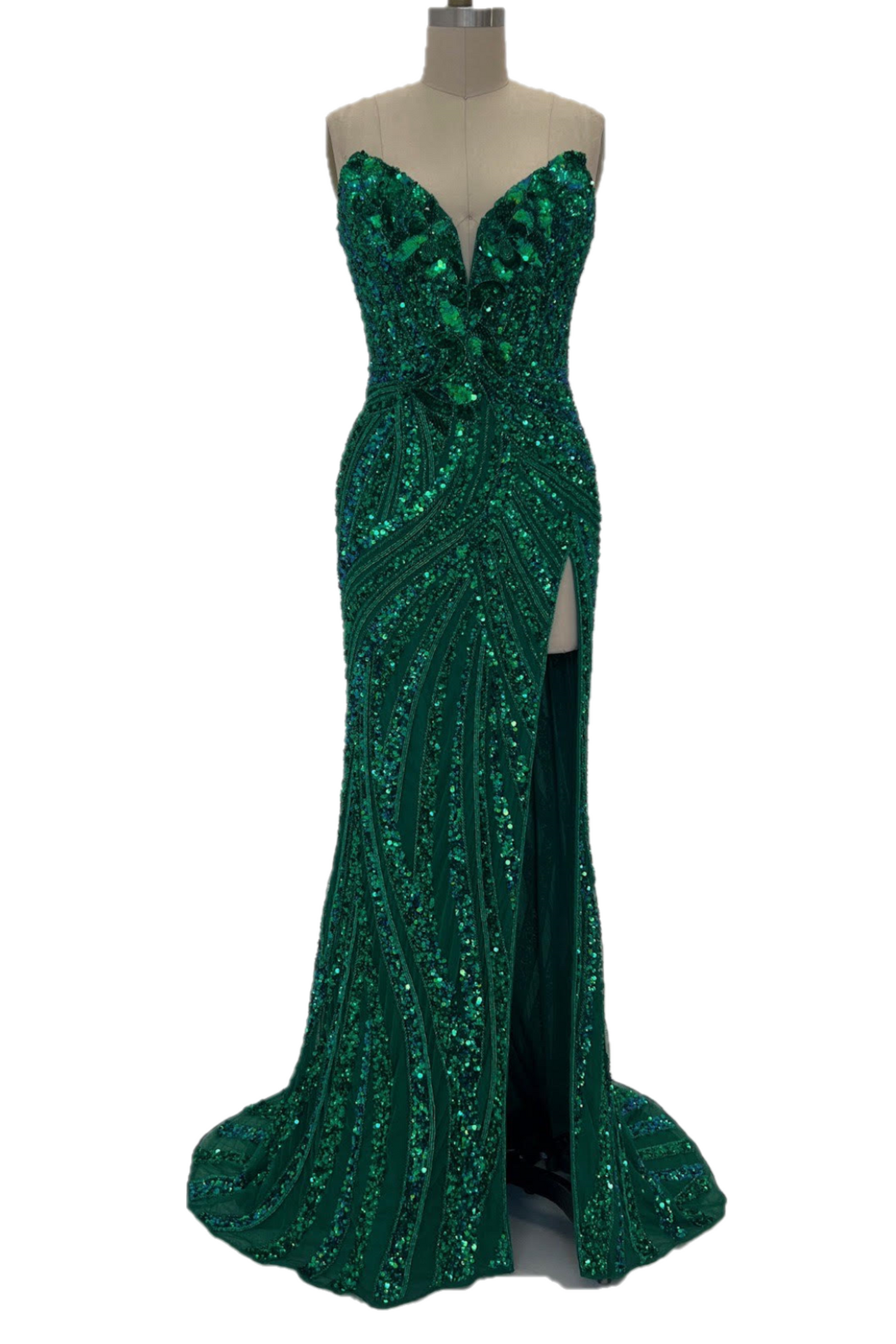 Ashley Lauren 11236 Long Fitted V Neck Slit Beaded Sequin Prom Dress Pageant Gown This strapless gown is sure to turn heads. The sweetheart neckline is complete with a modern floral sequin motif that continues down the bustier and skirt. The skirt is complete with a left leg slit.