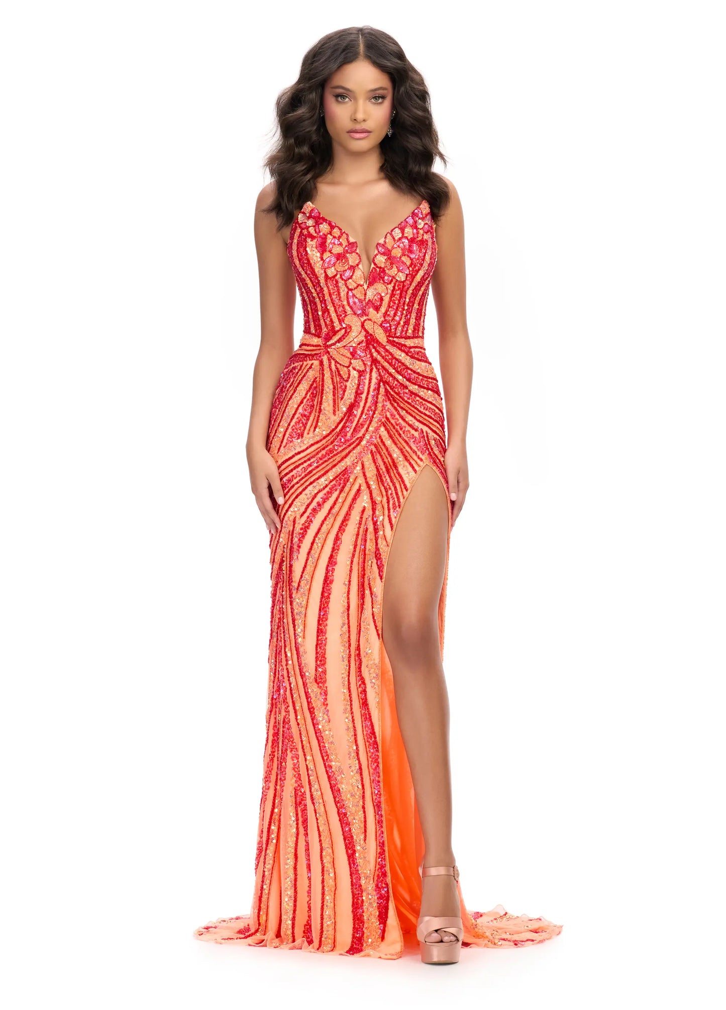 Ashley Lauren 11236 Size 2,4,6,8,14 Red Coral Long Fitted V Neck Slit Beaded Sequin Prom Dress Pageant Gown