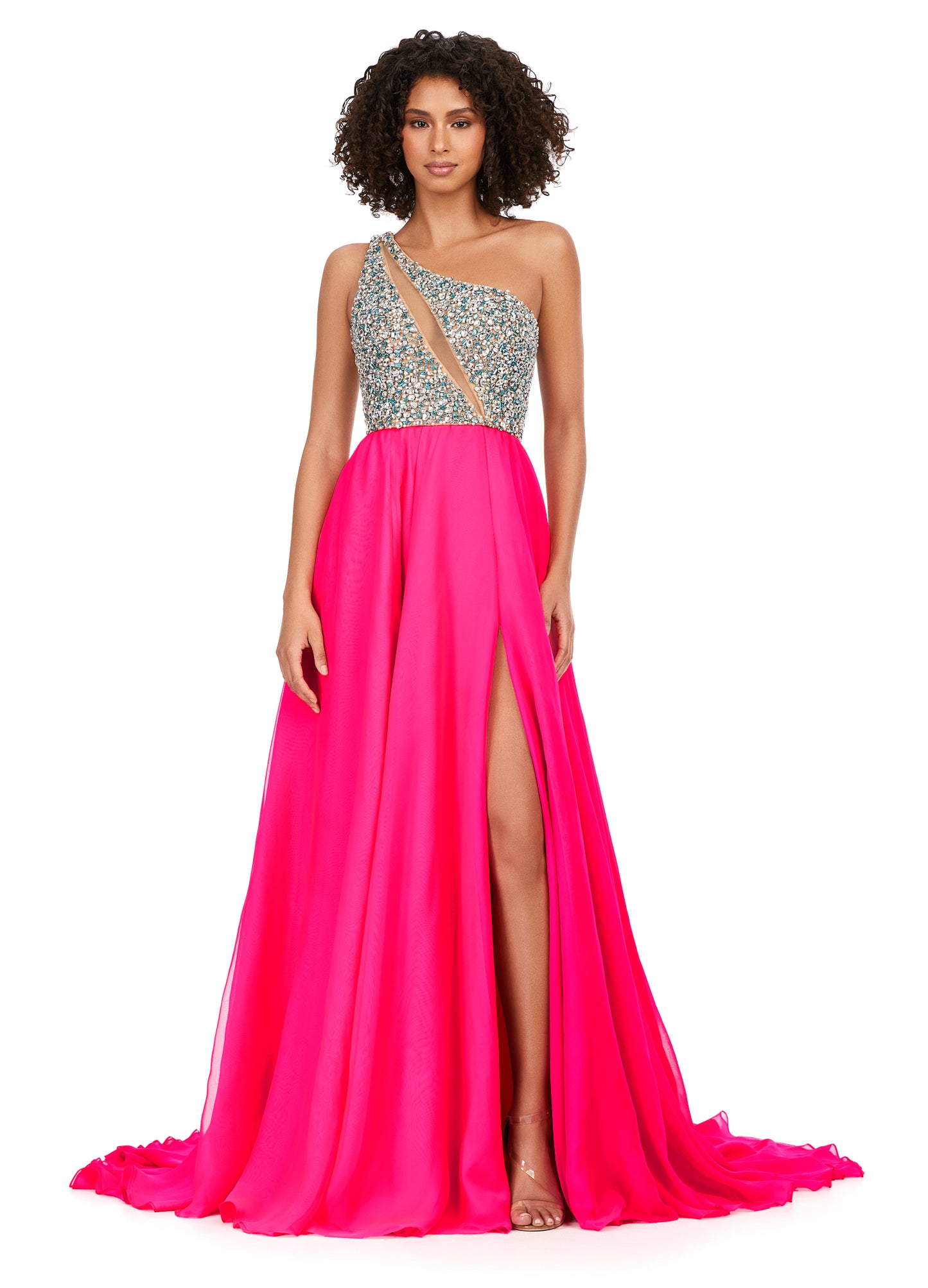 Ashley Lauren 11245 Chiffon Gown With Beaded Bustier A-Line Crystal Detail Prom Dress. Turn heads in this gorgeous chiffon gown featuring a combination of clear and turquoise beading on the bustier. The asymmetrical neckline is complete with an illusion cut out.