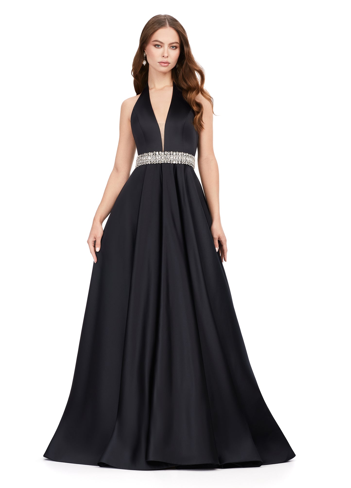 Ashley Lauren 11249 V-Neck Heavy Satin Ballgown Halter Top Open Back Crystal Belt Formal Gown. Make a statement in this beautiful long satin dress, featuring a halter neckline and crystal beaded accent belt.