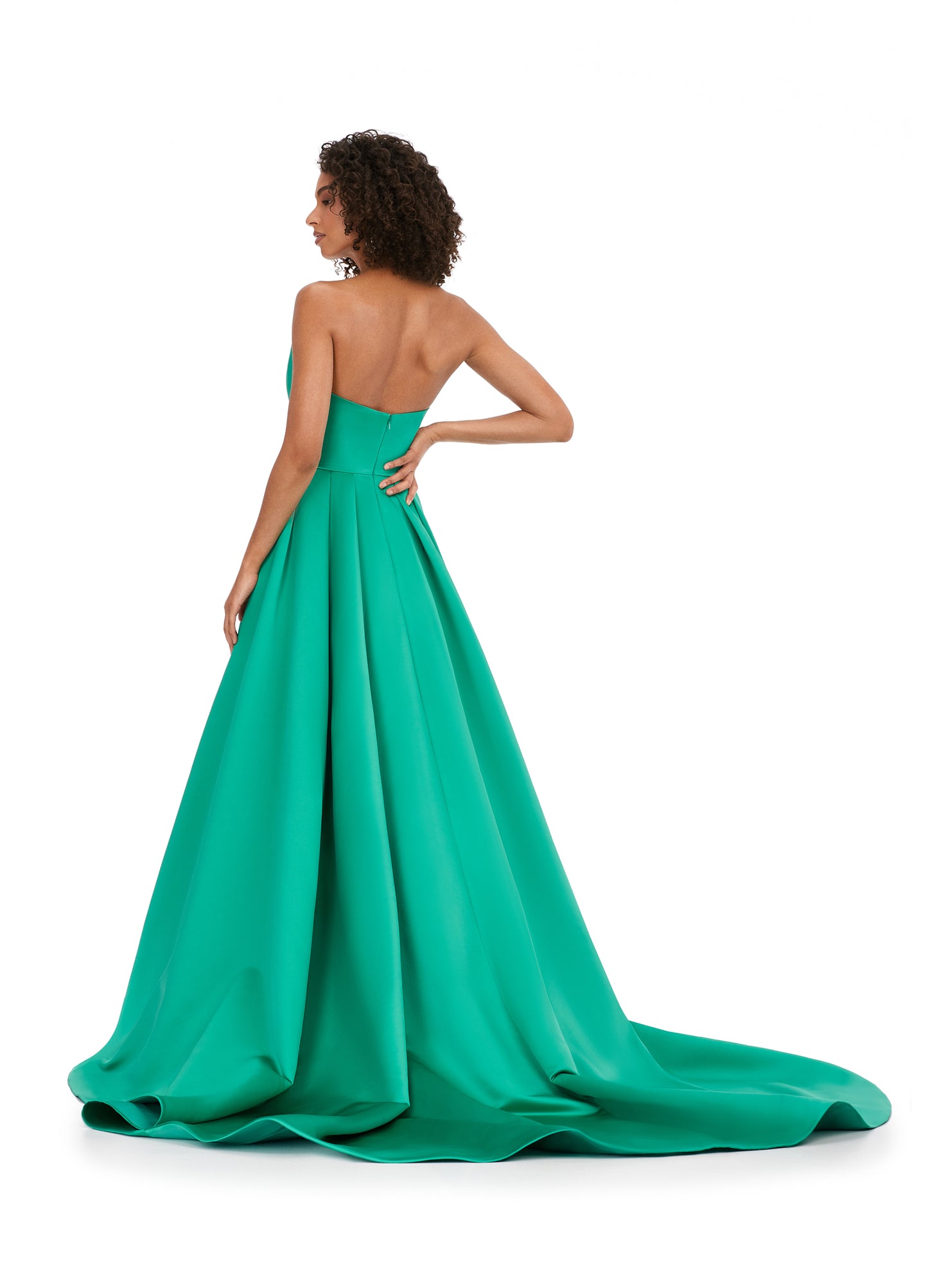 Ashley Lauren 11250 Strapless Plunging Neckline Heavy Satin A-Line Sweeping Train Ballgown Formal Dress. This satin ball gown features an elegant illusion v-neckline. The full A-Line skirt has pockets and a sweeping train.