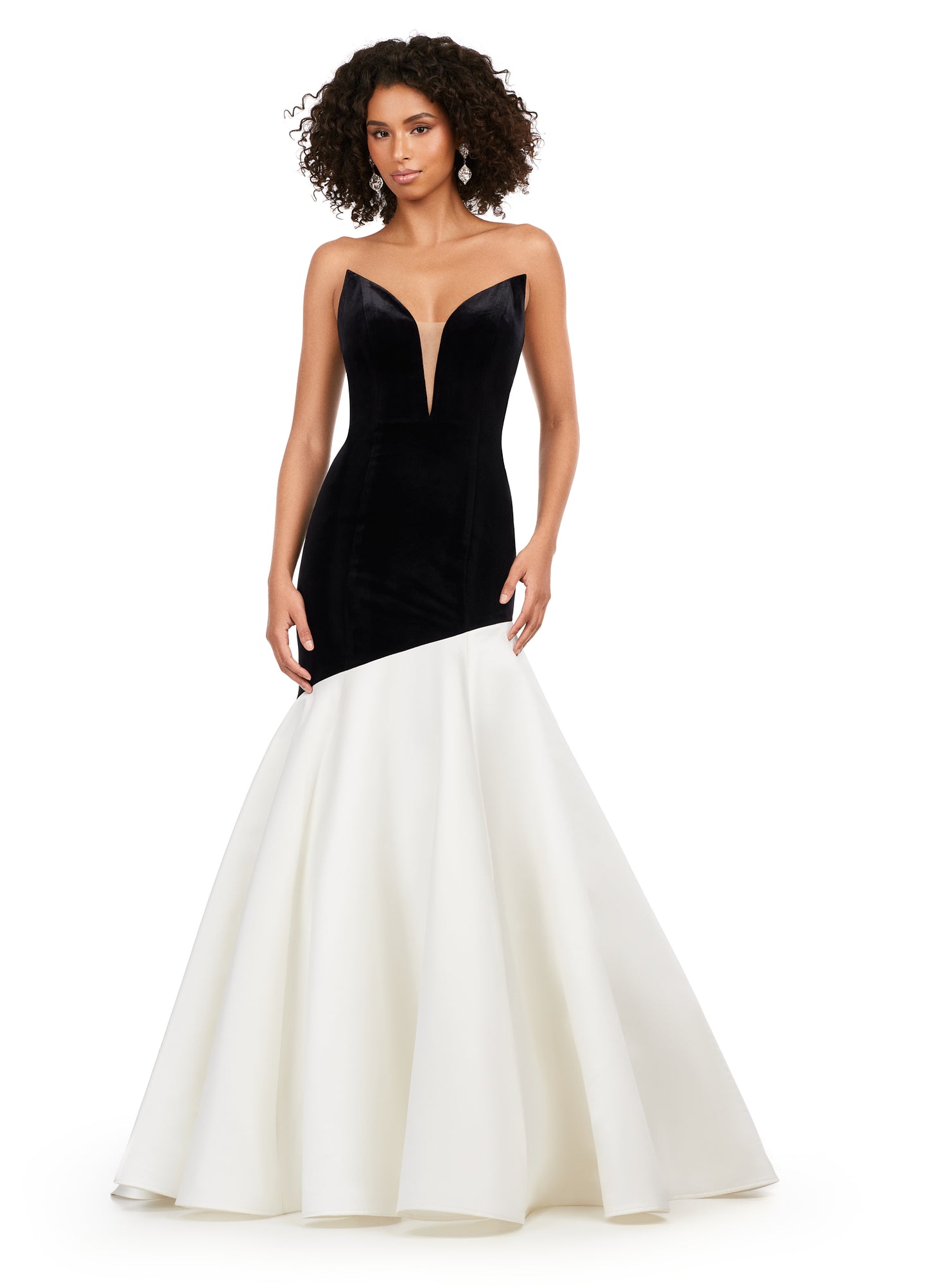 Ashley Lauren 11264 Strapless Velvet Heavy Satin Asymmetrical Flare Skirt V-Neck Mermaid Formal Gown. Be prepared to WOW in this stunning V-neck mermaid gown! Luscious velvet is met with an asymmetrical satin flare skirt, captivating any crowd!