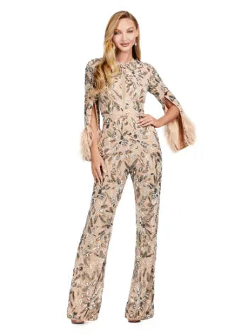 The Ashley Lauren 11394 Fully Beaded Jumpsuit with Feathers is a stunning choice for any formal event. This jumpsuit features intricate beading and elegant feather detailing, adding an extra touch of luxury. Designed by Ashley Lauren, a renowned expert in the fashion industry, this jumpsuit is sure to make a statement. Perfect for prom or any special occasion. Make a statement in this extravagant jumpsuit! Fully beaded with an open back and feathered cuffs, the details in this jumpsuit is sure to WOW!