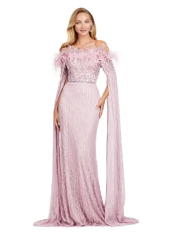 Expertly crafted by Ashley Lauren, the 11429 Long Prom Dress is a stunning piece that combines fully sequined fabric, delicate feathers, and elegant floor-length sleeves. Perfect for formal events and pageants, this gown is sure to make you stand out with its unique design and impeccable craftsmanship. Bring all the glamour in this fully beaded gown with floor length sleeves. The feather details take this look to the next level.