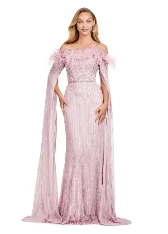 Expertly crafted by Ashley Lauren, the 11429 Long Prom Dress is a stunning piece that combines fully sequined fabric, delicate feathers, and elegant floor-length sleeves. Perfect for formal events and pageants, this gown is sure to make you stand out with its unique design and impeccable craftsmanship. Bring all the glamour in this fully beaded gown with floor length sleeves. The feather details take this look to the next level.