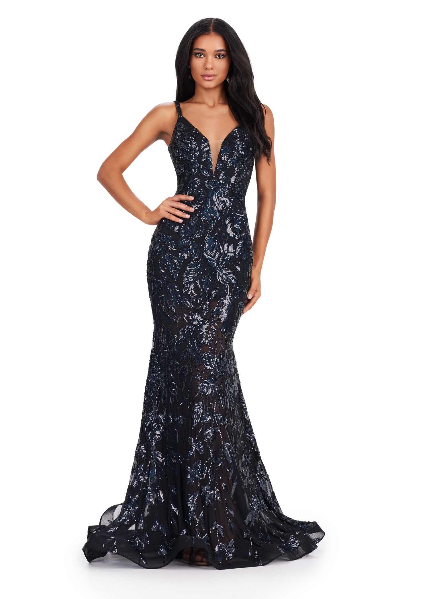 Elevate your prom or pageant look with the Ashley Lauren 11444 gown. Featuring a dazzling sequin design, spaghetti straps, and a low back, this formal dress is sure to turn heads. Its long length adds elegance, while the spaghetti straps provide comfort and support. Make a statement with this stunning gown. Look like royalty in this fully sequin gown! From its elegant top, open back and flare skirt, this gown has it all!