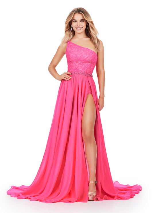 Expertly crafted for maximum impact, the Ashley Lauren 11460 Long Prom Dress is a show-stopping choice for any formal event. The one shoulder beaded bodysuit adds a touch of glamour, while the chiffon overskirt exudes elegance. Trust in Ashley Lauren's expertise for a flawless look. Dare to be different in this fabulous one shoulder beaded bodysuit with a detached chiffon overskirt. The skirt features a waist-high slit to give that perfect amount of drama!