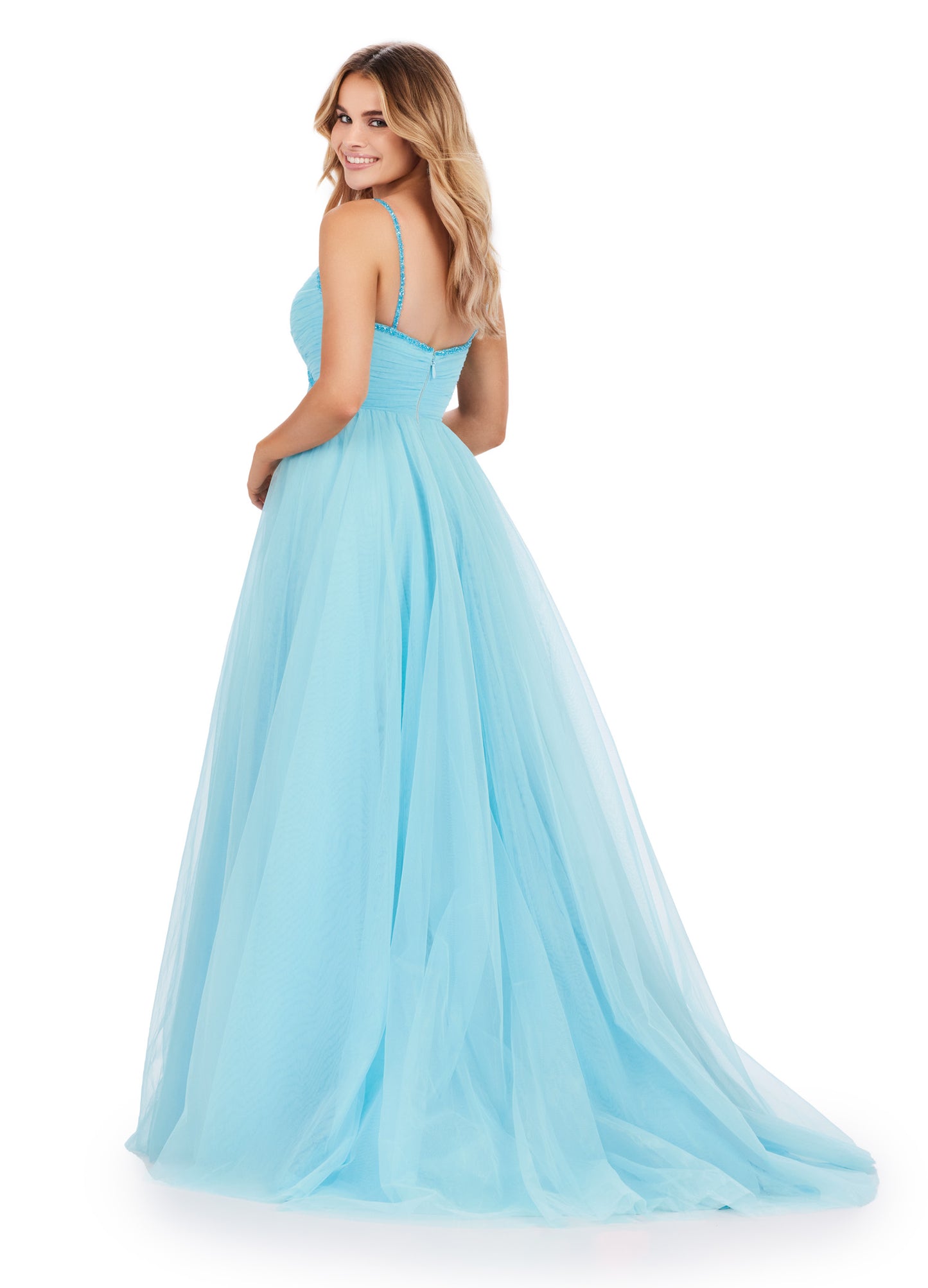 The Ashley Lauren 11461 Long Prom Dress is the perfect choice for your formal occasion. This elegant gown features delicate spaghetti straps and a tulle ball gown skirt for a timeless look. The intricate beaded detailing adds a touch of sparkle, making you stand out from the crowd. Experience the ultimate in luxury with this pageant-worthy dress. This simplistic ball gown features dainty beaded spaghetti straps with a ruched bodice.