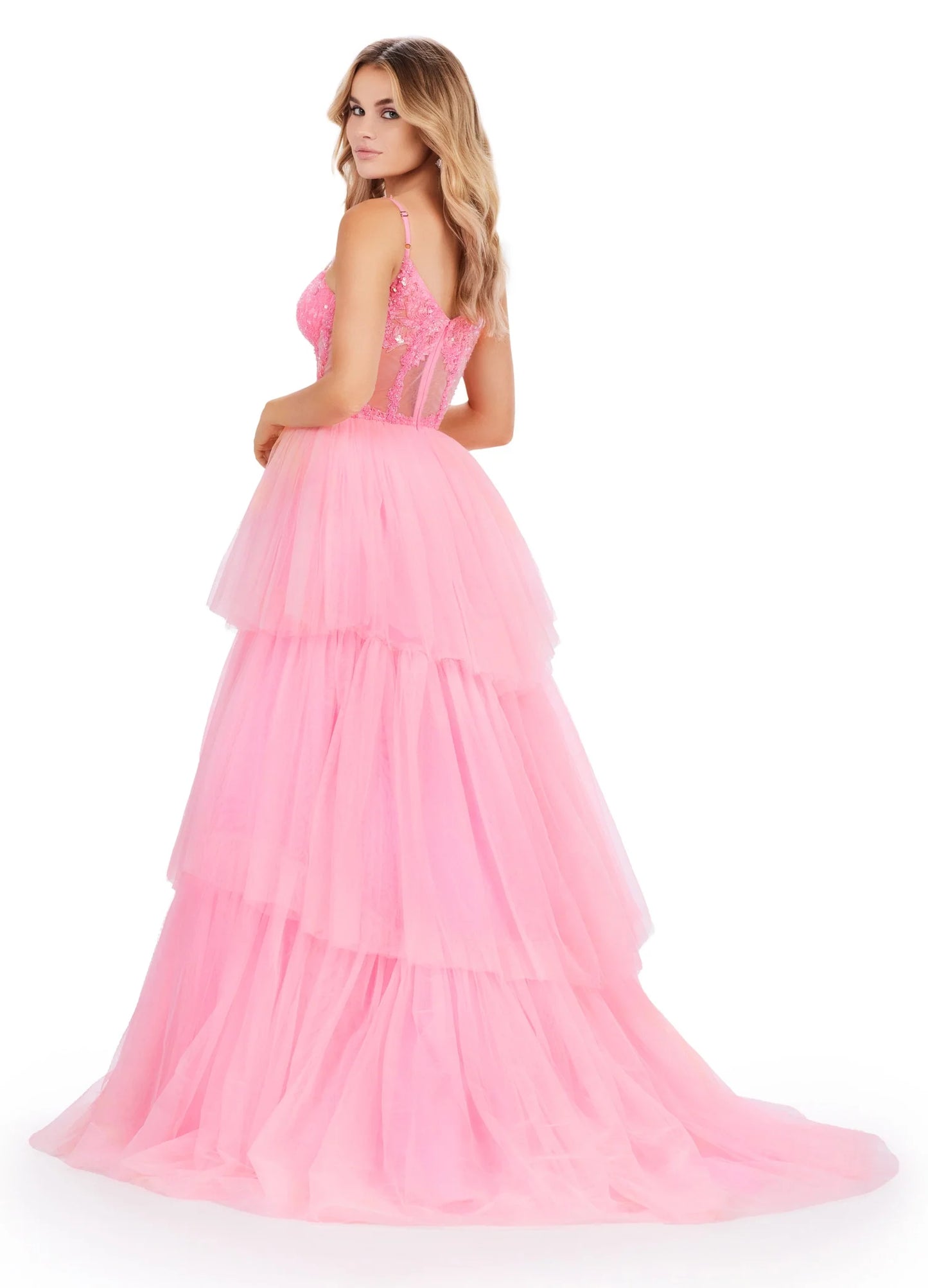 The Ashley Lauren 11462 Sheer Beaded Corset Layer Tulle Prom Dress Ballgown Pageant Tiered Gown is a statement-making piece. Crafted from sheer corset layers, delicate beadwork, and tiered tulle, it's perfect for any special occasion. Elegant and eye-catching, this dress features the perfect balance of comfort and sophistication.