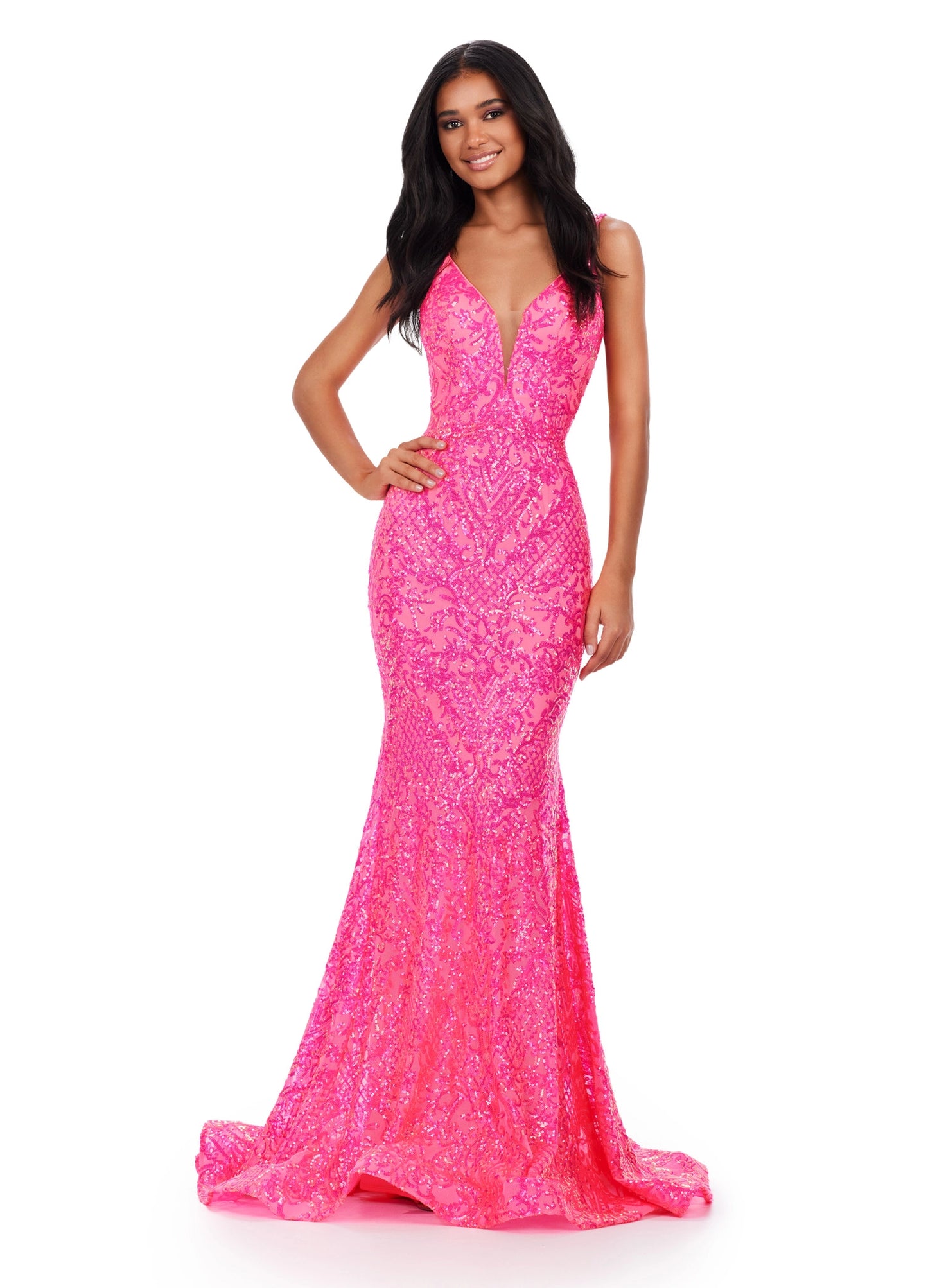 This eye-catching Ashley Lauren 11466 Long Sequin Mermaid Prom Dress is sure to make a statement. The glamorous V-neck, backless design, and long mermaid skirt make this the ultimate formal gown. Perfect for making a lasting impression. A dress perfect for any event. This intricate stretch sequin gown features a V-Neckline and a low cut back.