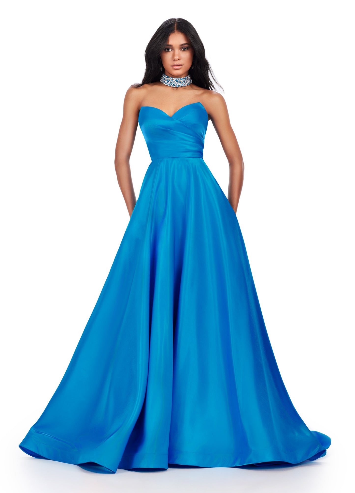 Elevate your eveningwear with the Ashley Lauren 11473 Long Prom Dress. Crafted from luxurious satin, this strapless ball gown features a beaded choker neckline for a touch of glamour. Perfect for formal events and pageants, this dress will make you feel like a true princess. Be the belle of the ball in this fabulous A-Line ball gown. This strapless satin dress features a sweetheart neckline and a fully beaded choker to match.