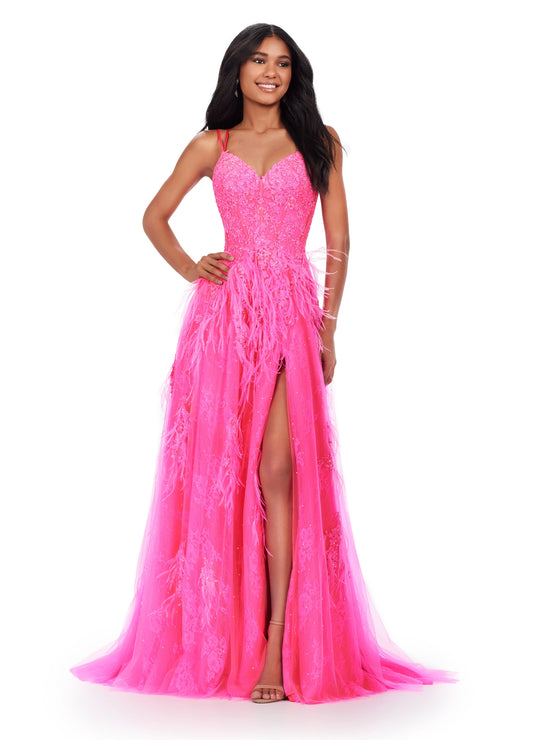 This Ashley Lauren 11480 dress is a stunningly unique piece for your next special event. Featuring intricate lace and feather detailing, a slim a-line fit with a thigh-high slit, a corset bodice, and an elegant low-back, this dress will be sure to draw attention. Perfect for prom, pageants, or any formal occasion. 