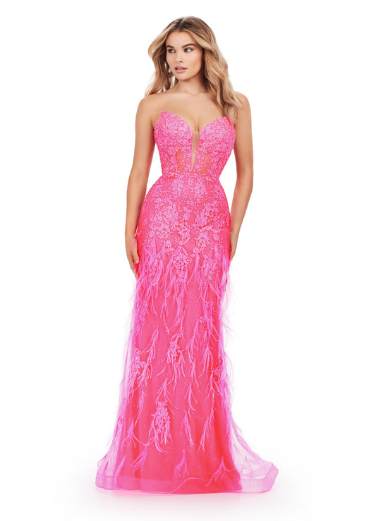 Elevate your elegance with the Ashley Lauren 11483 Long Prom Dress. This striking gown features a corset bodice, strapless design, and exquisite embroidered details. The v-neckline adds a touch of allure while the feather details bring a playful element. Perfect for formal events or pageants. Slay the night away in this lace embroidered gown. This dress features a strapless neckline and feathers throughout to help you feel fabulous.