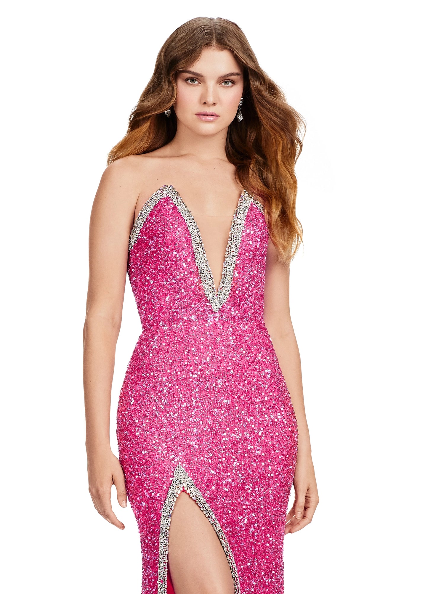 Look glamorous in this Ashley Lauren 11521 beaded sequin pageant dress. Featuring a strapless bodice, a crystal V neckline, beaded sequins, a full skirt with a slit, and a floor-length hem. Look absolutely stunning at your next formal event. Bring the glam! This fully beaded strapless gown features a deep v neckline and a left leg slit.