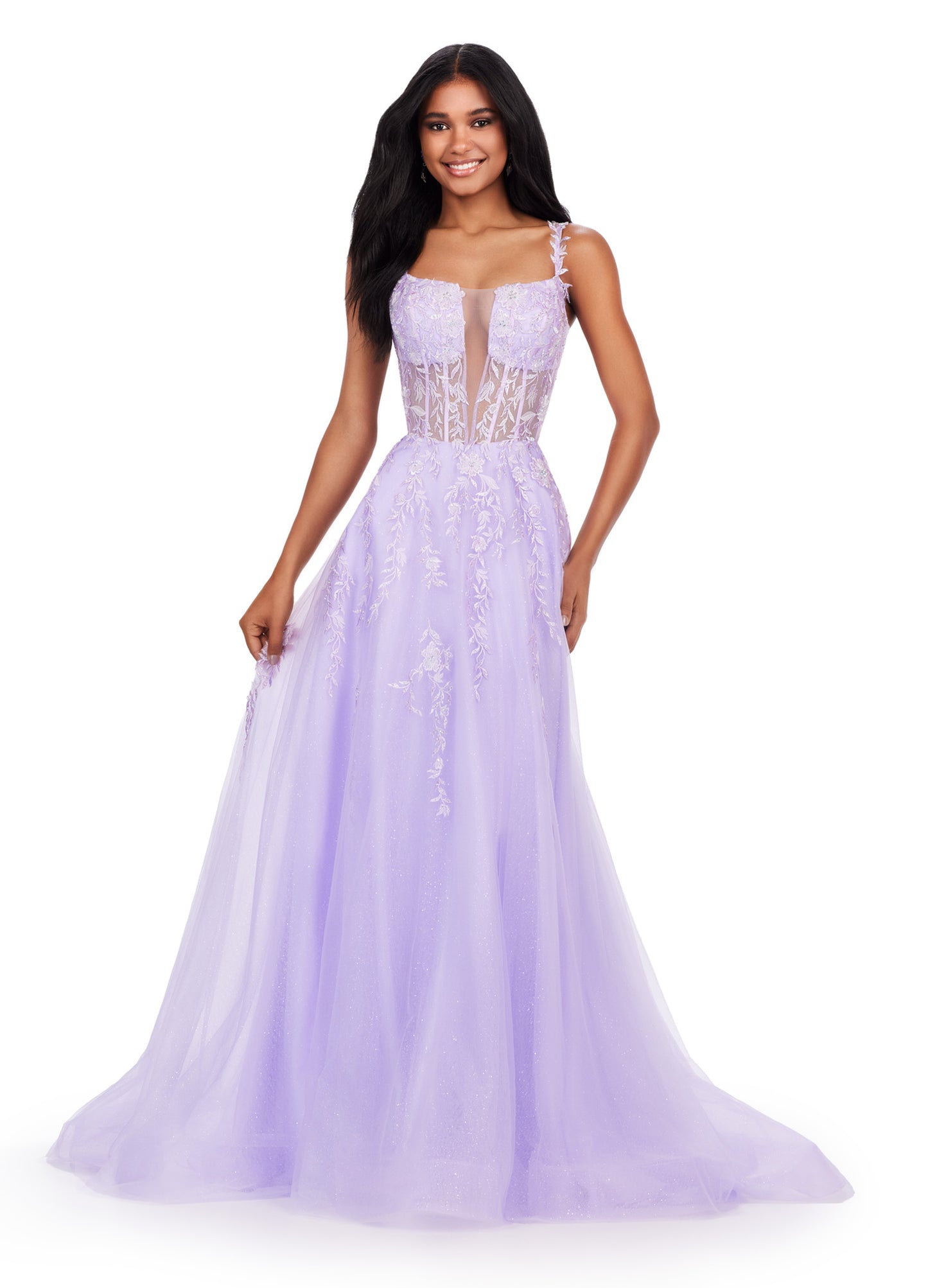 Step into the spotlight in the Ashley Lauren 11526 Long Prom Dress. Featuring spaghetti straps, a V-neckline, and a glitter tulle skirt, this gown is perfect for any formal event or pageant. With its elegant design and flattering silhouette, you'll feel like a star all night long. Living in a fairytale! This spaghetti strap gown features a v neckline with a lace applique bodice. The lace up back and glitter tulle skirt complete the look.