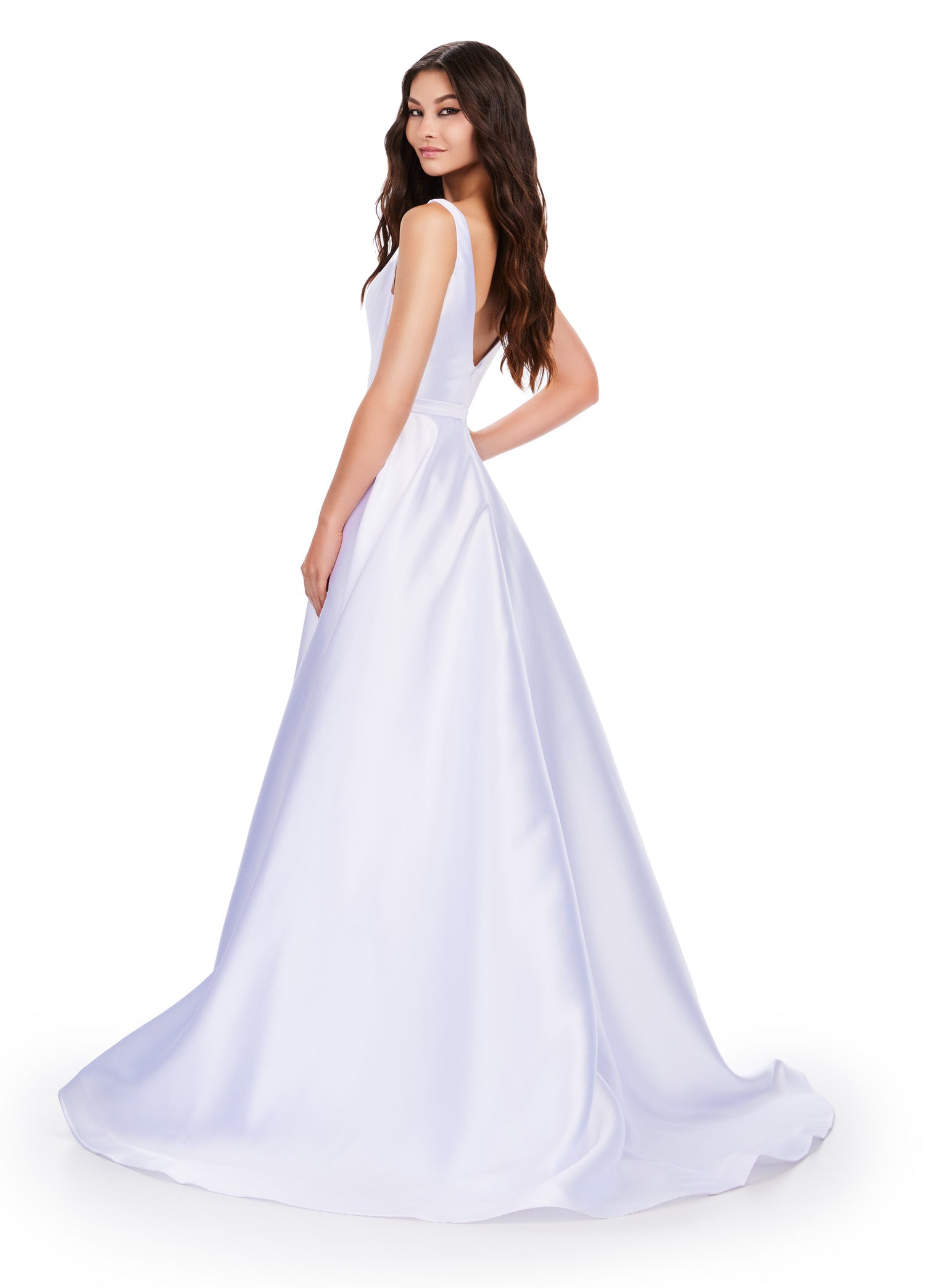 Elevate any event with the Ashley Lauren 11541 Long Prom Dress. The V-neck Mikado gown features a sweeping train for a formal and pageant-ready look. Turn heads with this elegant and expertly crafted gown. A classic! This v neck Mikado ball gown features a gorgeous sweep train and a waist detail.