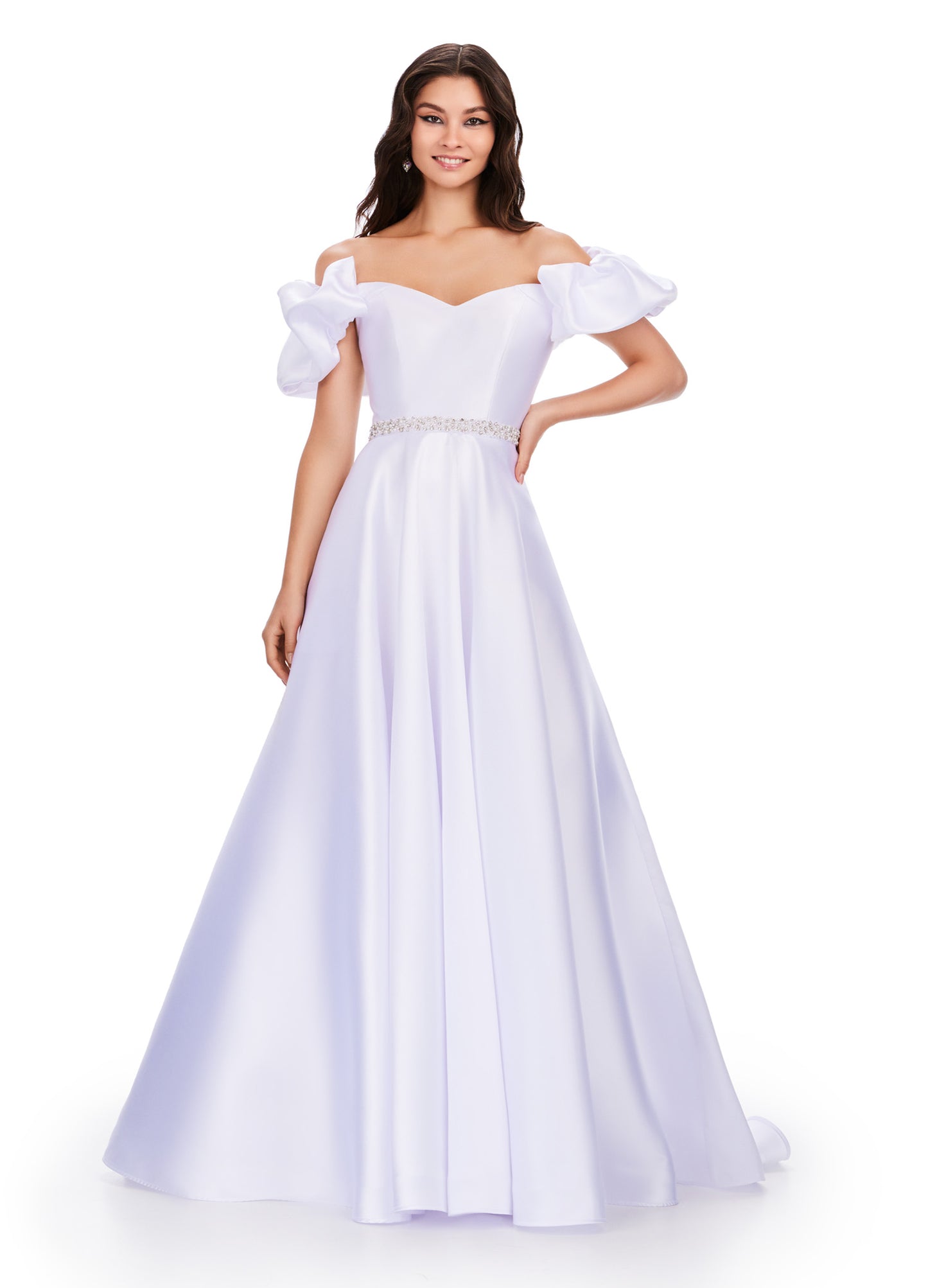 Elevate your prom night look with the Ashley Lauren 11542 long prom dress. Featuring an off-shoulder neckline and a gorgeous ball gown silhouette, this formal pageant gown is crafted from Mikado fabric for a luxurious feel. The puff sleeves add a playful touch, making you stand out from the crowd. Off the shoulder Mikado ball gown with puff sleeve details. The look is complete with a beaded waistline.