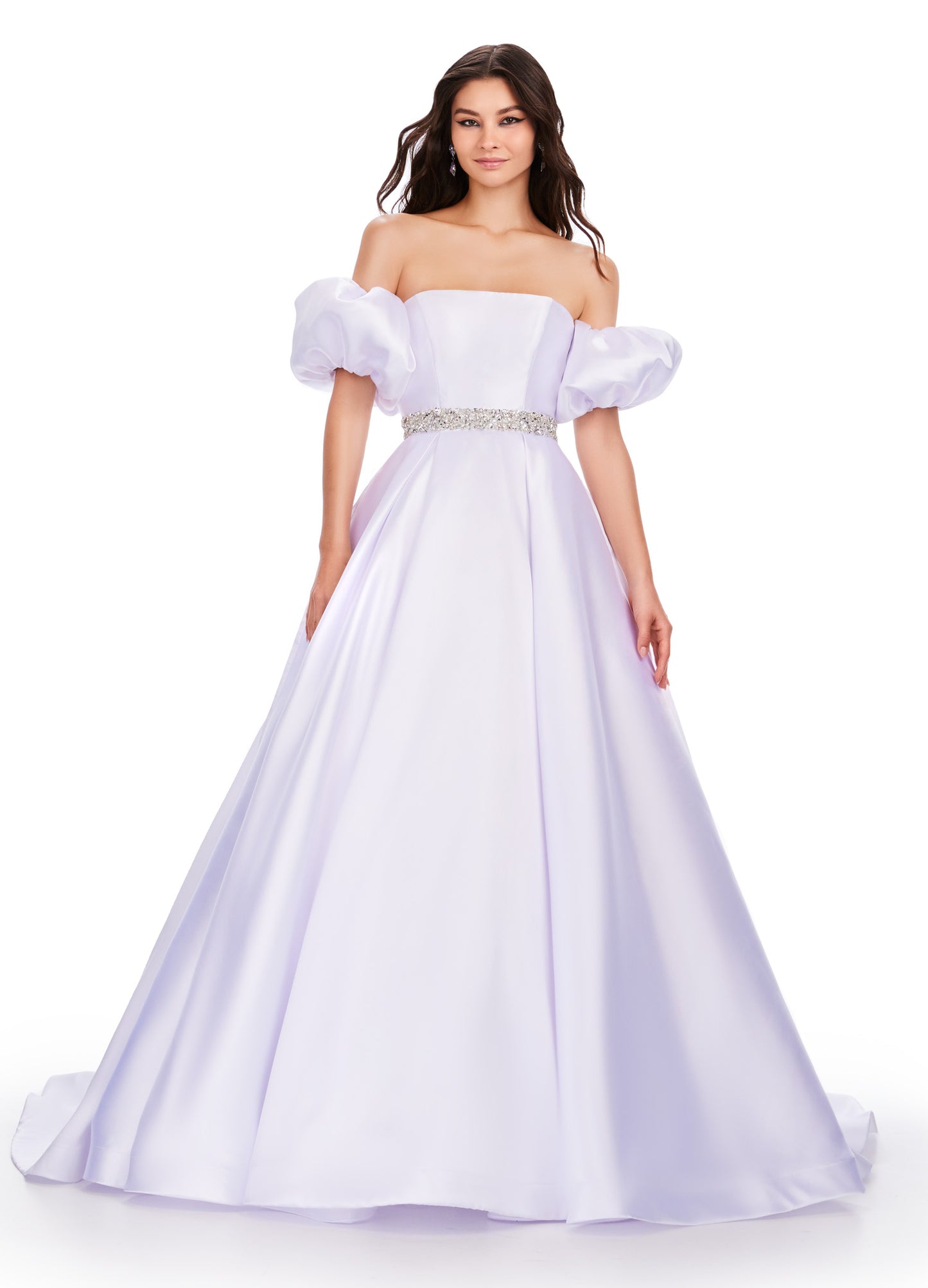 Elevate your formal look with the Ashley Lauren 11543 Long Prom Dress. The off-shoulder, puff sleeve design exudes elegance while the Mikado ball gown silhouette adds drama. Perfect for proms, pageants, and other formal occasions. his classic strapless Mikado ball gown features a beaded waist band. The look is complete with detachable puff sleeves.