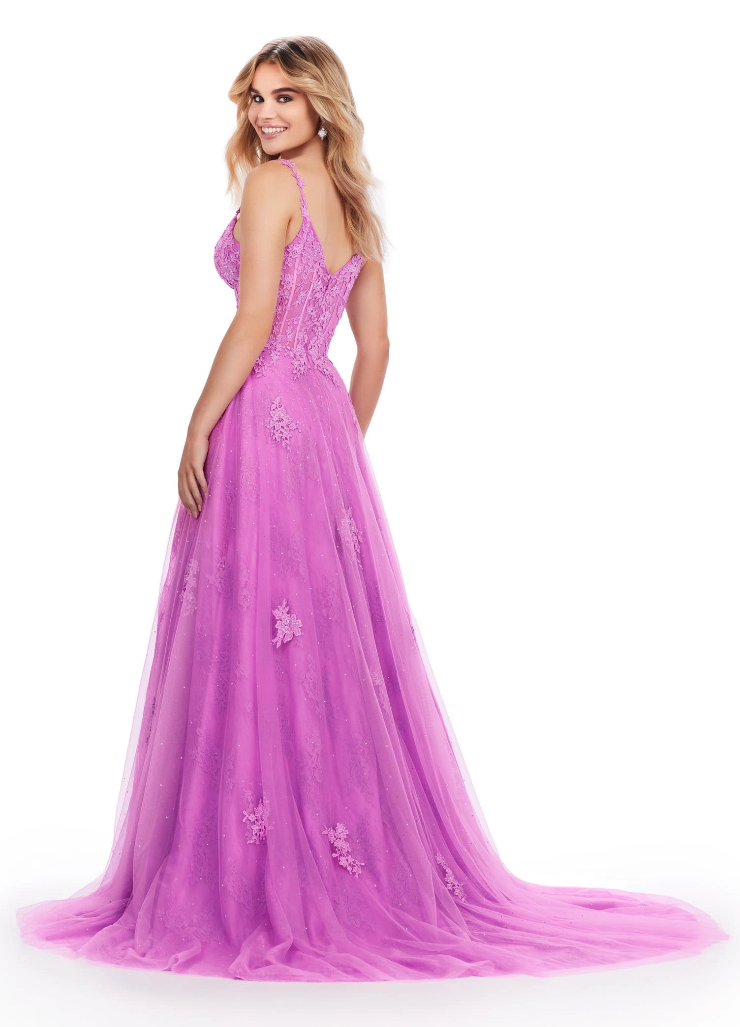 The Ashley Lauren 11558 Dress offers the perfect look for any special occasion. Crafted from a luxurious lace sheer fabric, this prom dress features a corset bodice, maxi slit A-line skirt, and pageant train - all in one stunning formal gown. Delight in the timeless style of this timeless piece. 