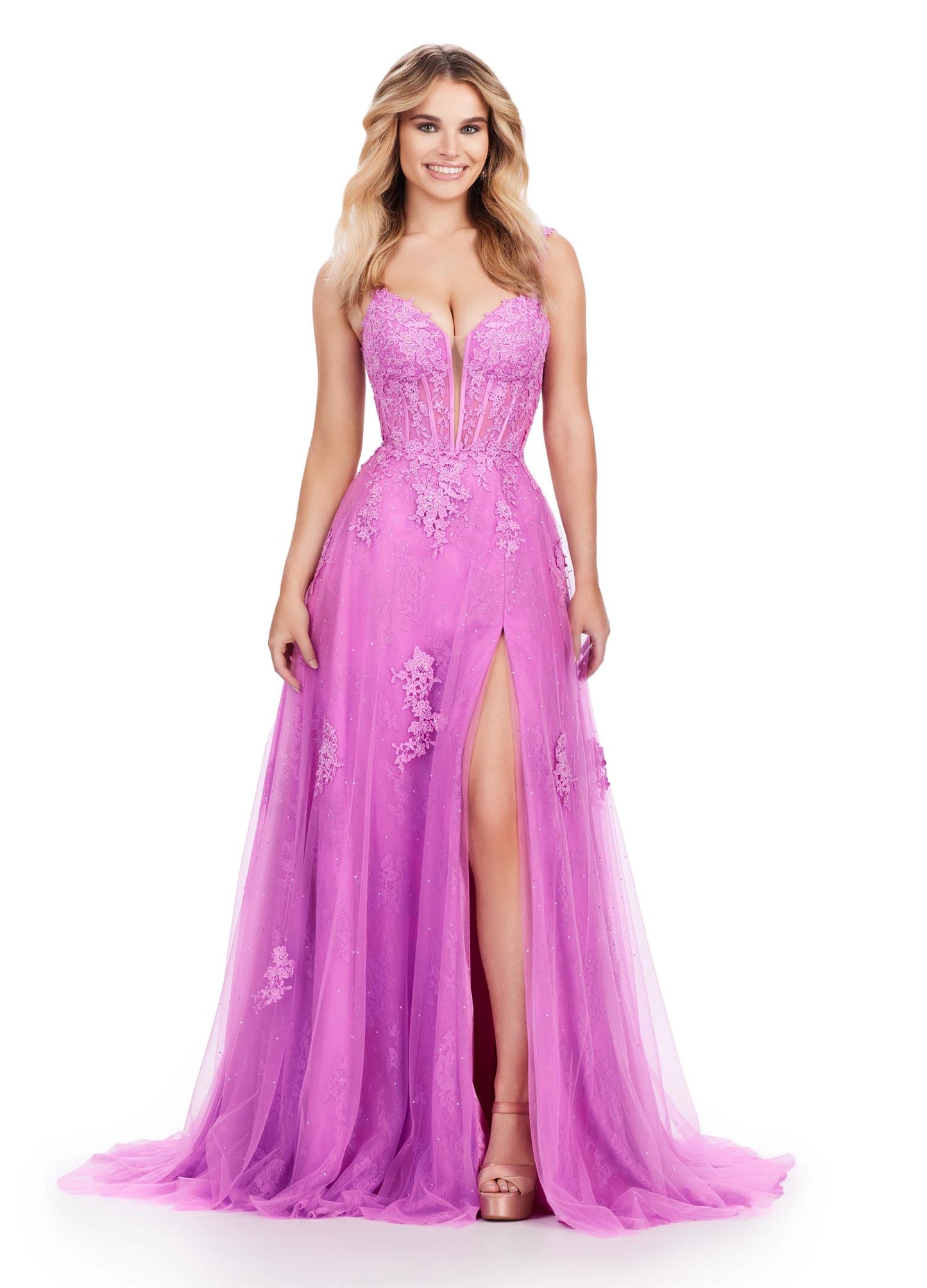 The Ashley Lauren 11558 Dress offers the perfect look for any special occasion. Crafted from a luxurious lace sheer fabric, this prom dress features a corset bodice, maxi slit A-line skirt, and pageant train - all in one stunning formal gown. Delight in the timeless style of this timeless piece. 