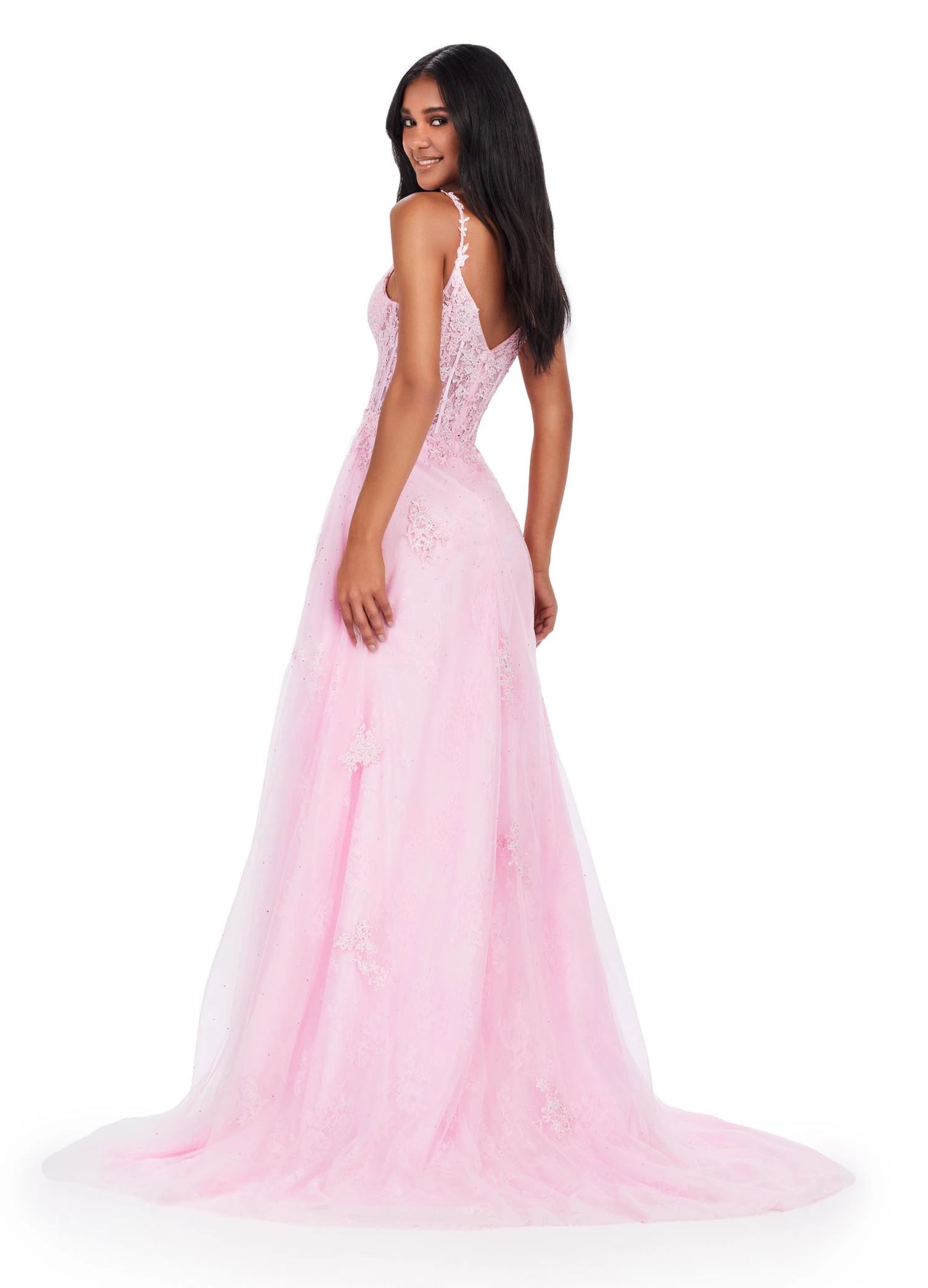 The Ashley Lauren 11558 Dress offers the perfect look for any special occasion. Crafted from a luxurious lace sheer fabric, this prom dress features a corset bodice, maxi slit A-line skirt, and pageant train - all in one stunning formal gown. Delight in the timeless style of this timeless piece. 