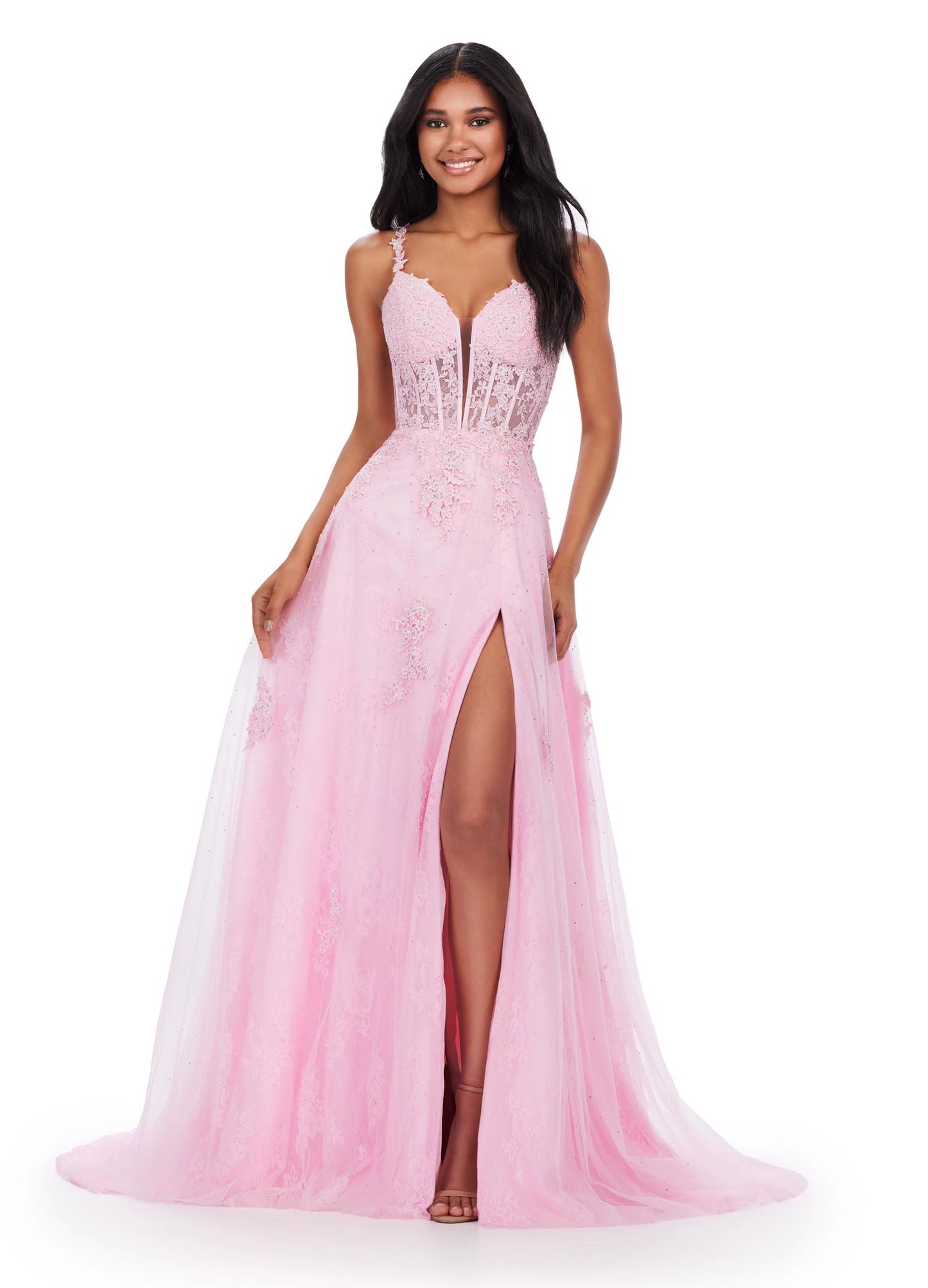 The Ashley Lauren 11558 Dress offers the perfect look for any special occasion. Crafted from a luxurious lace sheer fabric, this prom dress features a corset bodice, maxi slit A-line skirt, and pageant train - all in one stunning formal gown. Delight in the timeless style of this timeless piece. 