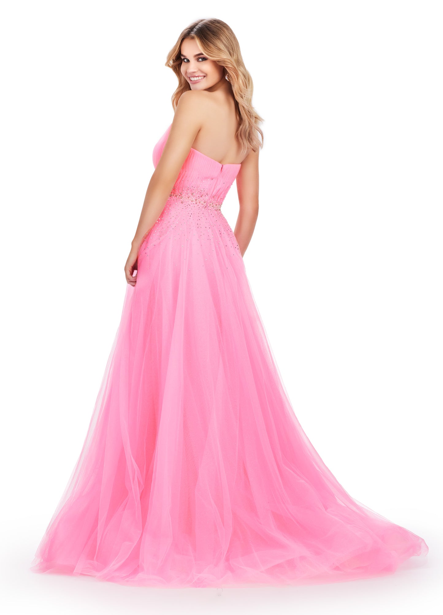 Expertly crafted by Ashley Lauren, this 11597 Long Prom Dress exudes timeless elegance. The strapless design coupled with glittery tulle creates a stunning ball gown silhouette. Adorned with a beautiful beaded belt, this formal pageant gown is a perfect choice for any special occasion. The perfect dress fit for a princess. This strapless glitter tulle ball gown features a beaded waist detail that'll be sure to make you sparkle at your next event!