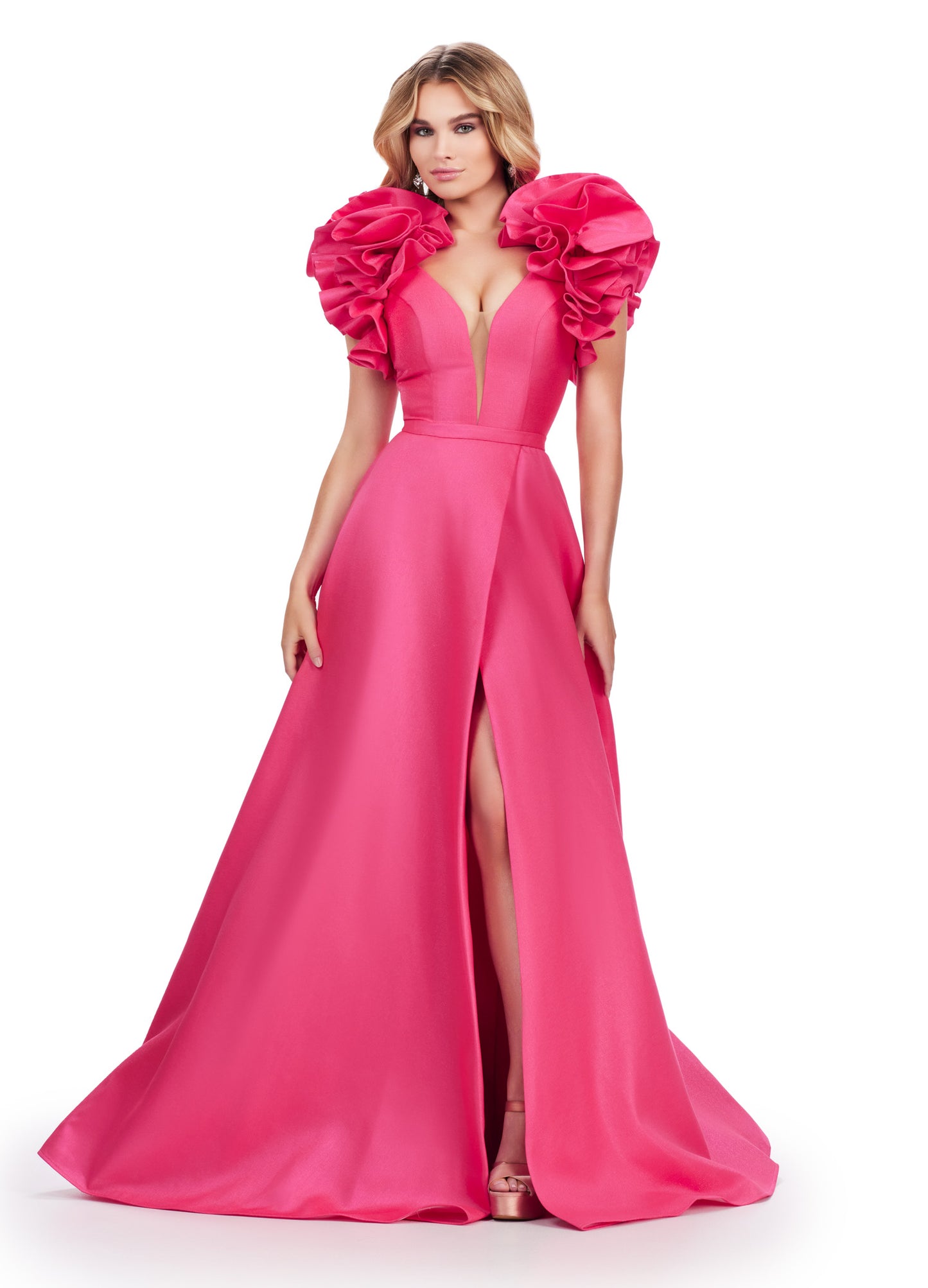 This Ashley Lauren 11610 Long Prom Dress boasts a V-neck and flattering ball gown silhouette in luxurious mikado fabric. The oversized ruffles add a touch of drama to this formal piece, perfect for pageants and other special occasions. Sleek and eye-catching, this dress is sure to make you stand out in any crowd. We're here for the drama! This A-line Mikado gown features a V-neckline and dramatic ruffle sleeves with a slit.