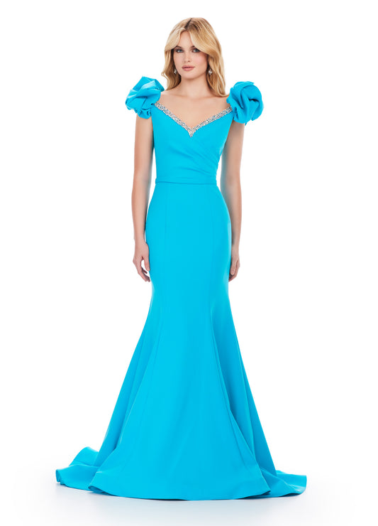 Ashley Lauren 11615 Long Prom Dress A-Line Scuba Gown Beaded Belt Puff Sleeves V Neck Formal Pageant Gown