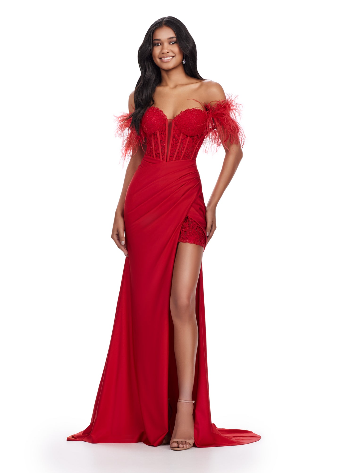 Stay on-trend with the Ashley Lauren 11618 Long Prom Dress. Featuring a corset, off-shoulder design, and intricate lace applique, this formal gown exudes elegance. The feather straps add a touch of whimsy, while the slit allows for effortless movement. Perfect for prom or pageants. Slay the night away in this fabulous embroidered jersey gown. This dress features a corset bustier with a lace up back and off shoulder feather straps.