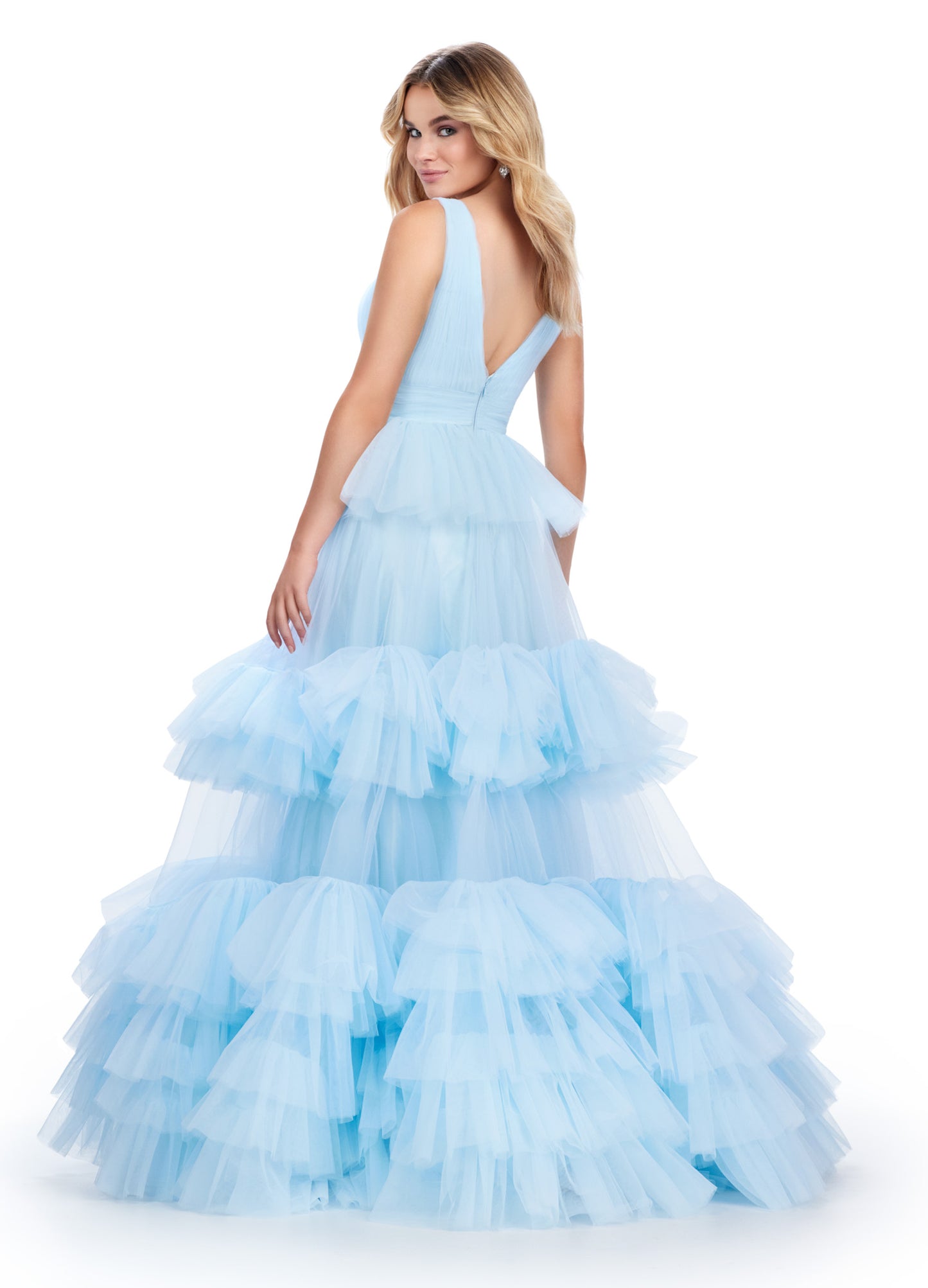 Elevate your formal wardrobe with the Ashley Lauren 11620 Long Prom Dress. Featuring a stunning V-neck, tiered tulle ball gown design, this dress will make you stand out at any event. Made with high-quality materials, it combines elegance and comfort for a truly unforgettable look. The dreamy ball gown features a v-neckline bustier accented by a multi-tiered tulle ruffle skirt.