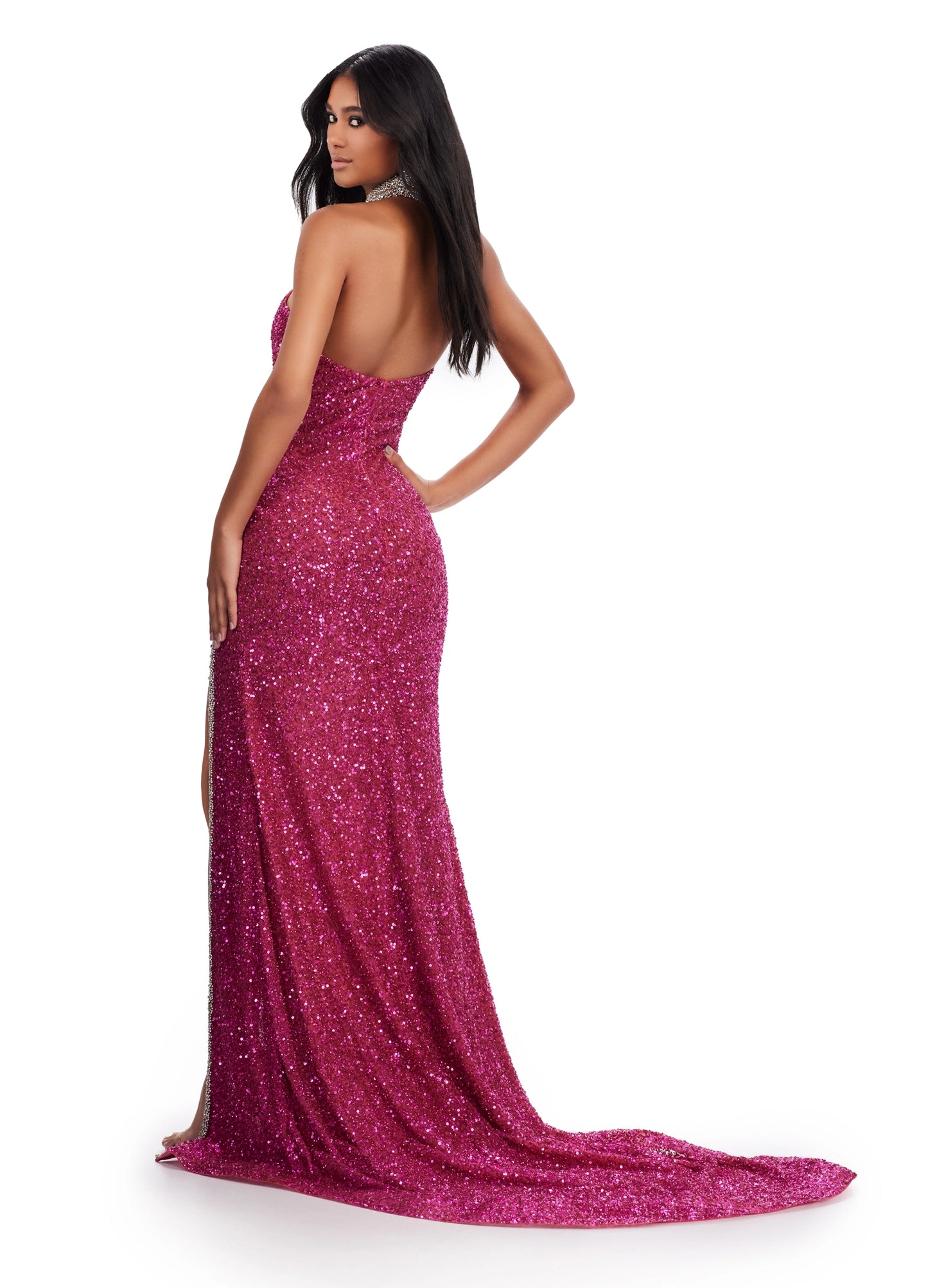 Ashley Lauren 11634 Size 8 Fuchsia Long Prom Beaded Halter Cut Out Formal Pageant Dress Crystal Slit Choker Formal Gown