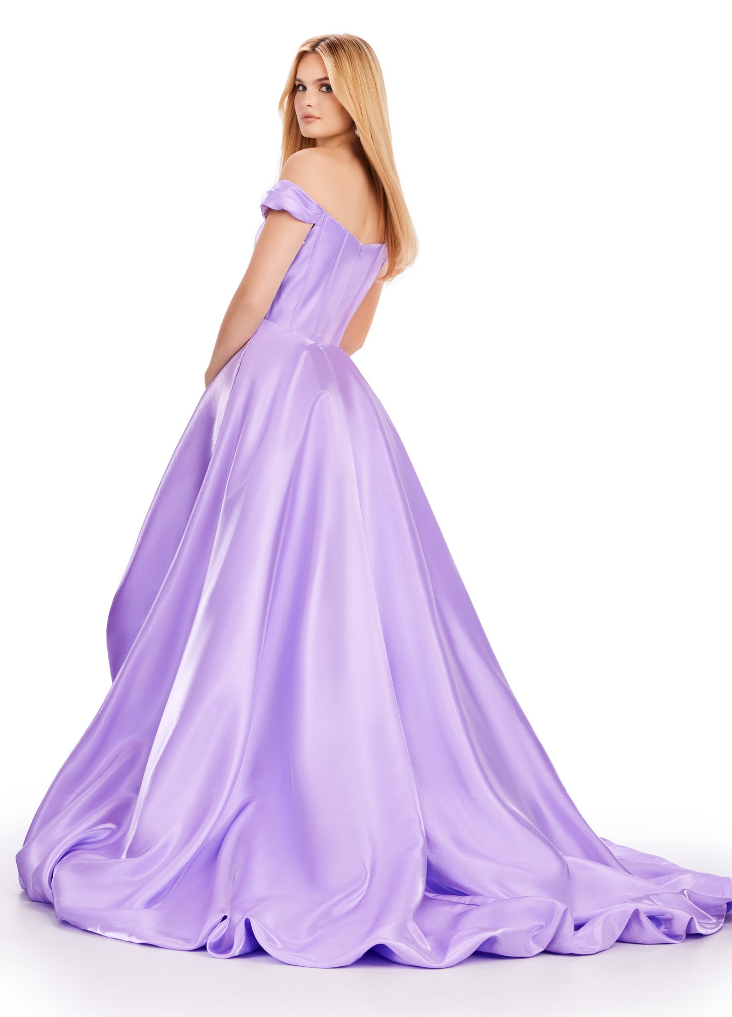 Experience effortless elegance in the Ashley Lauren 11641 Long Prom Dress. Featuring an off-shoulder neckline and high-low satin gown, this formal pageant gown exudes glamour and sophistication. Perfect for making a grand entrance and turning heads at any event. This glamorous satin off the shoulder high low bubble hem gown features a corset style bodice.