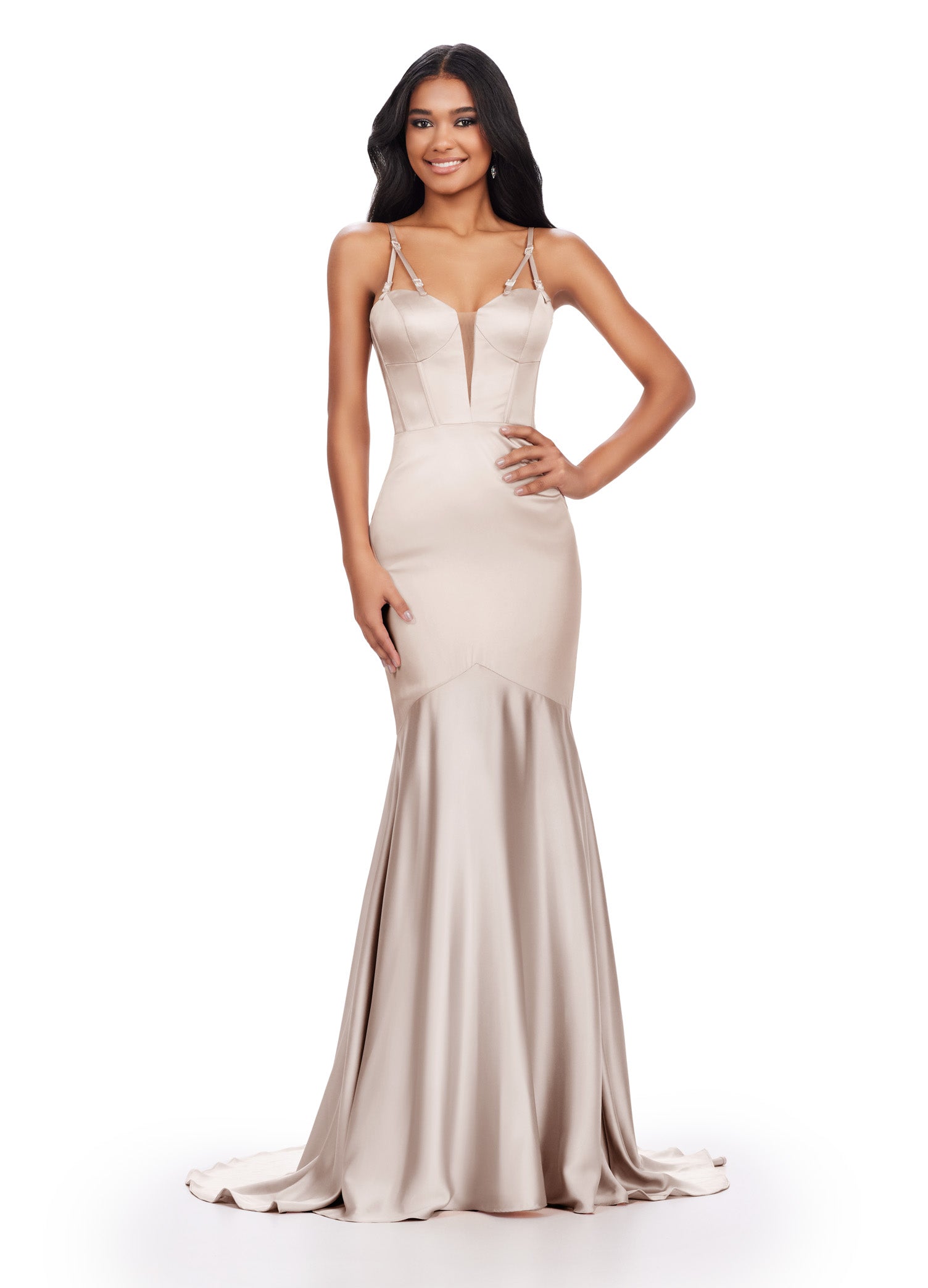 Achieve a stunning look in the Ashley Lauren 11644 Long Prom Dress. With a mermaid silhouette, corset bodice, and spaghetti straps, this formal gown is both flattering and elegant. Adorned with intricate beaded details, it's the perfect choice for prom or pageants. Make a statement and turn heads with this exquisite dress. Classy and timeless! This satin spaghetti strap gown features a corset bustier and beaded details on the straps.