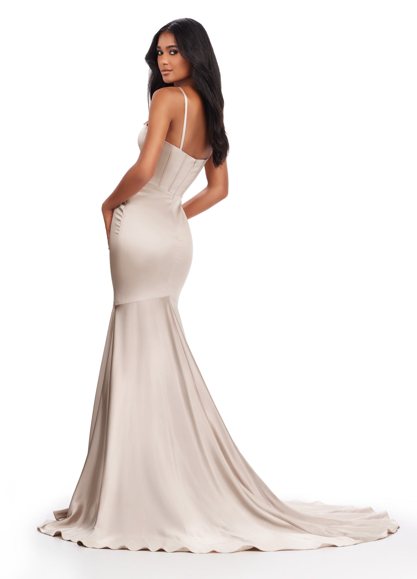 Achieve a stunning look in the Ashley Lauren 11644 Long Prom Dress. With a mermaid silhouette, corset bodice, and spaghetti straps, this formal gown is both flattering and elegant. Adorned with intricate beaded details, it's the perfect choice for prom or pageants. Make a statement and turn heads with this exquisite dress. Classy and timeless! This satin spaghetti strap gown features a corset bustier and beaded details on the straps.