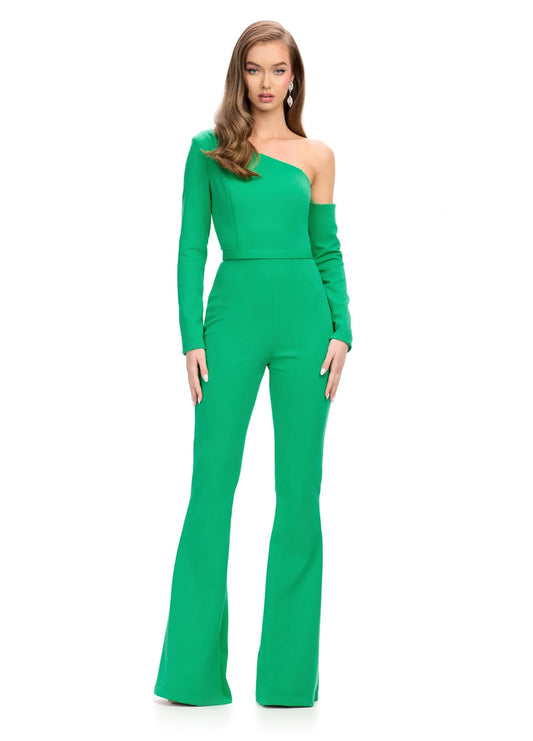 Ashley Lauren 11763 One Shoulder Scuba Jumpsuit with long sleeves belted waistline and flared pants legs