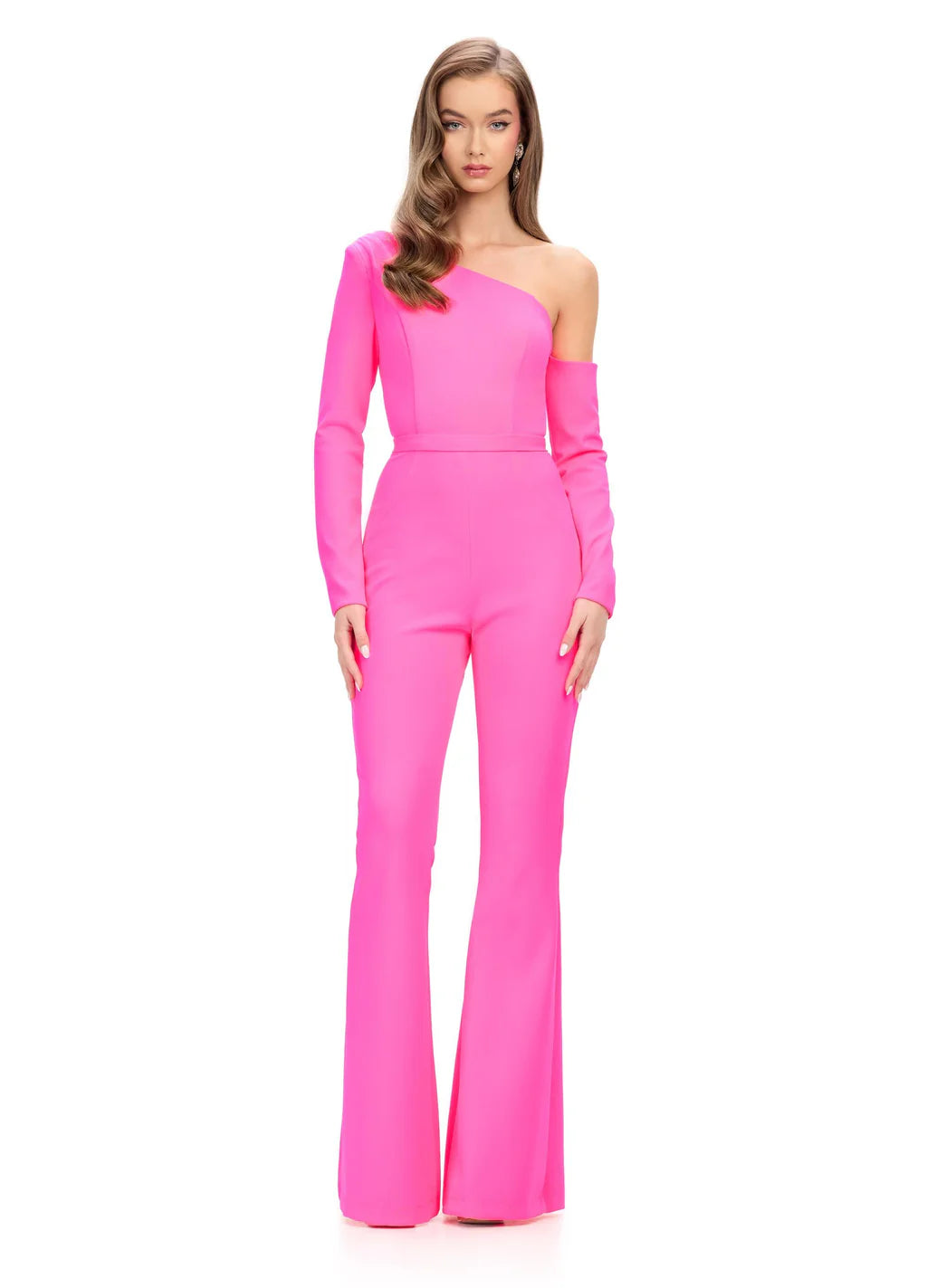 Ashley Lauren 11763 One Shoulder Scuba Jumpsuit with long sleeves belted waistline and flared pants legs