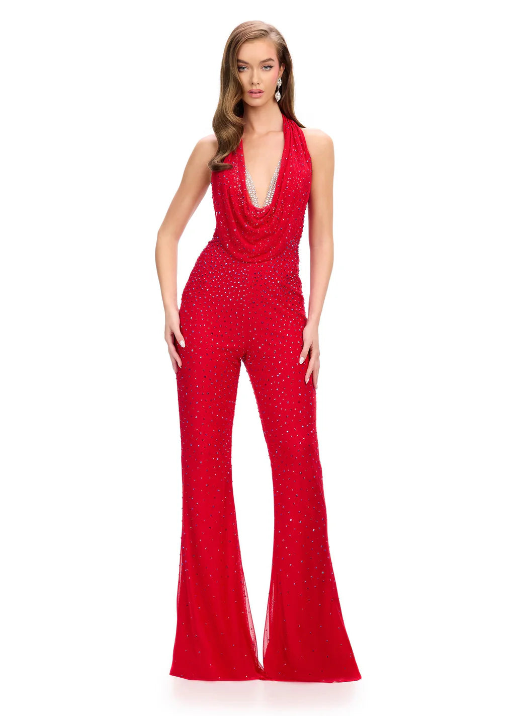 Ashley Lauren 11775 Halter Neckline Jumpsuit Embellished Plunging Neckline with Cowl overlay