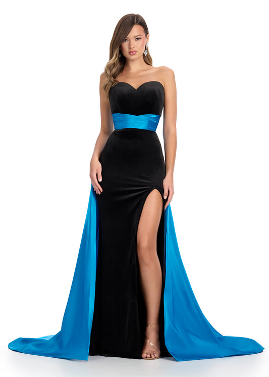 Elevate your formal wear with the Ashley Lauren 11857 Long Fitted Velvet Pageant Dress. Crafted from luxurious velvet, this gown is tailored to accentuate your figure. The elegant satin overskirt adds a touch of sophistication, making it perfect for any formal occasion. Make a statement with this stunning evening gown.&nbsp;We are obsessed with this classic strapless velvet dress with a left leg slit. The dress is finished with a gorgeous satin overskirt sinching the waist and oozing elegance.

Strapless Ne