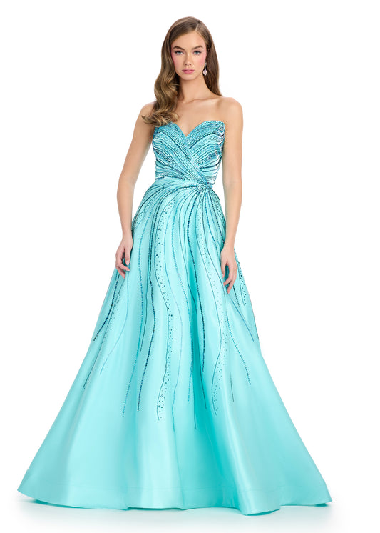 Experience glamour and elegance in the Ashley Lauren 11869 Long Shimmer Satin A Lone Prom Dress. Made with shimmering satin and adorned with sparkling crystals, this strapless gown exudes sophistication. Perfect for proms, pageants, or any special