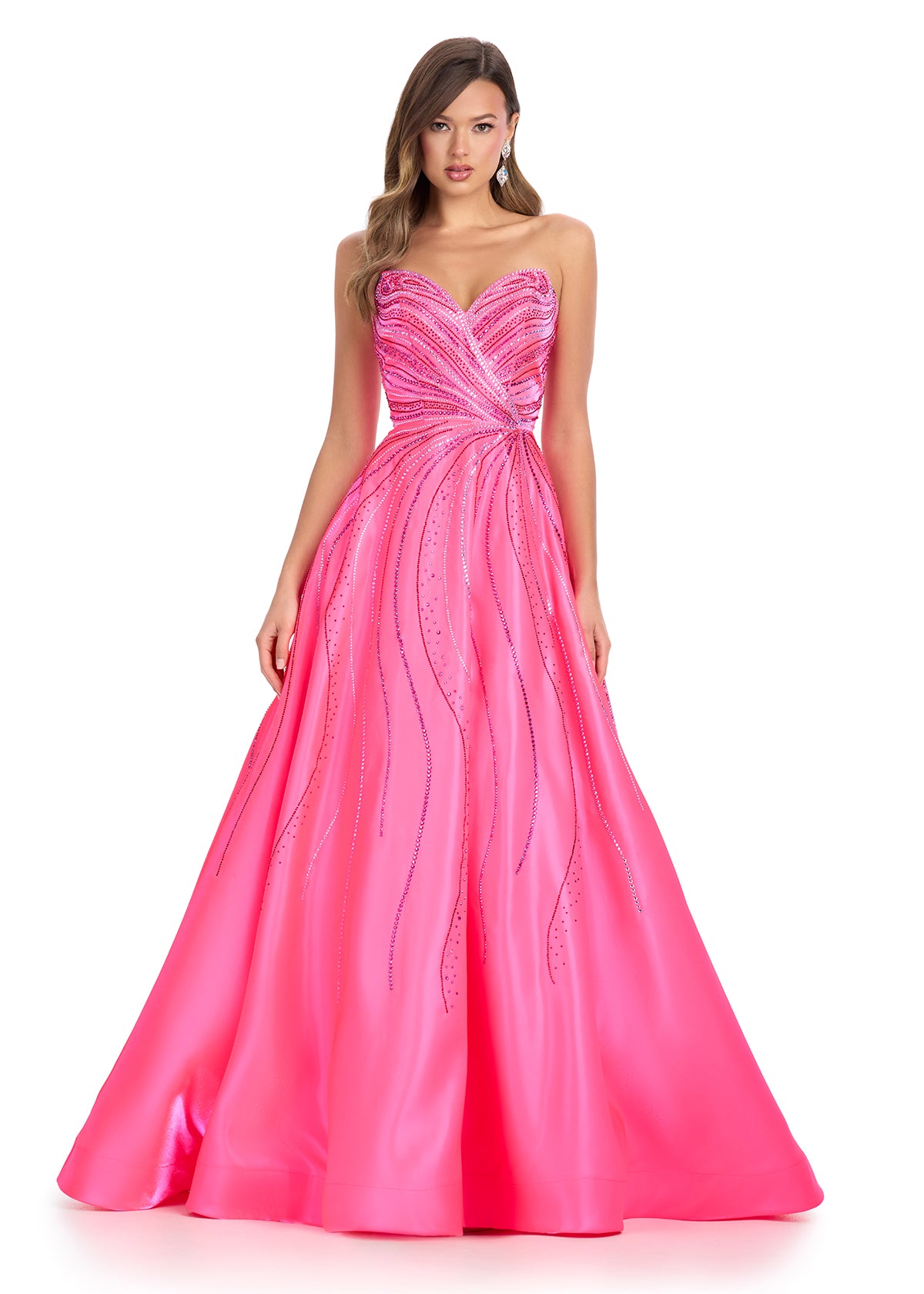 Experience glamour and elegance in the Ashley Lauren 11869 Long Shimmer Satin A Lone Prom Dress. Made with shimmering satin and adorned with sparkling crystals, this strapless gown exudes sophistication. Perfect for proms, pageants, or any special