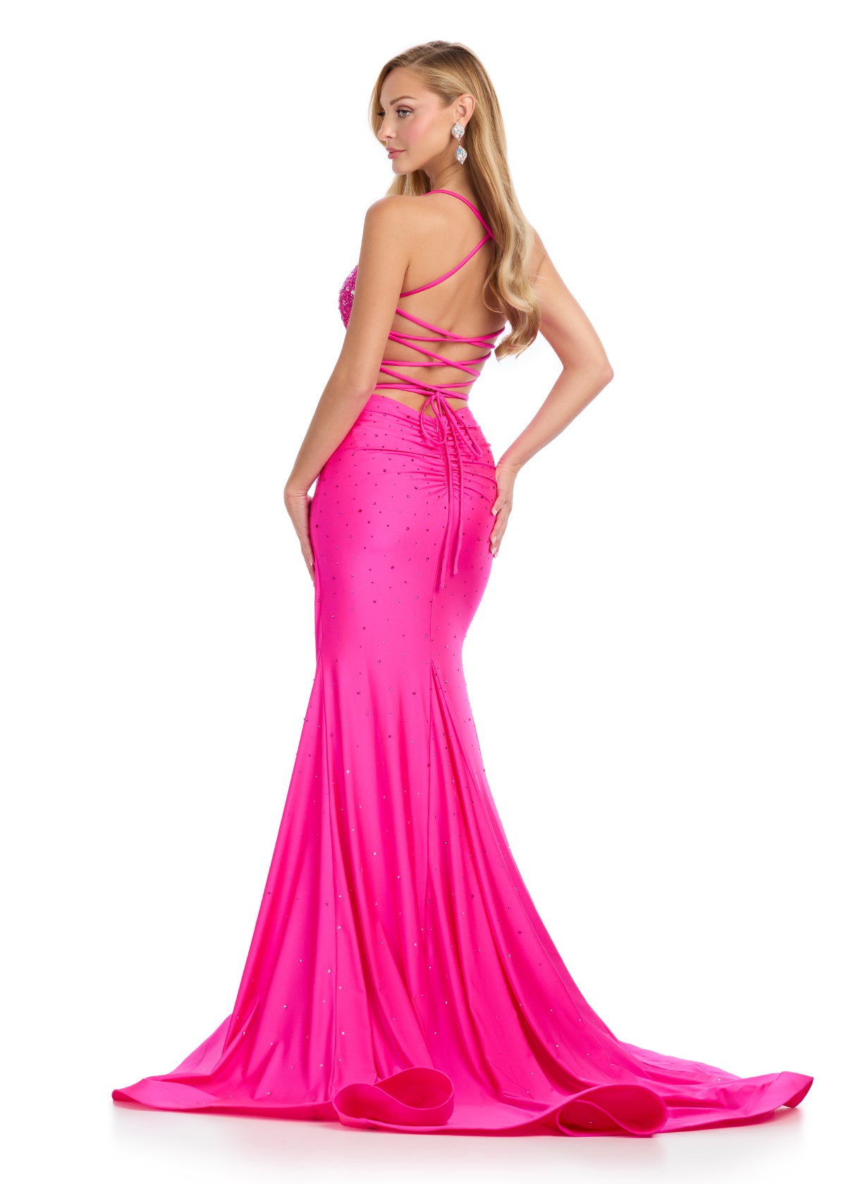 Ashley Lauren 12028 Corset Prom Dress Lycra Fit and Flare Asymmetric Waistline Hot Stones